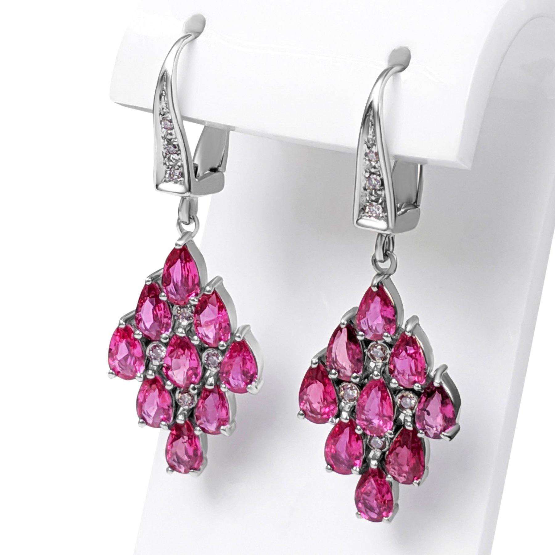 Pear Cut $1 NO RESERVE! 3.57Ct NO HEAT Ruby & 0.15Ct Fancy Pink 14kt White Gold Earrings For Sale
