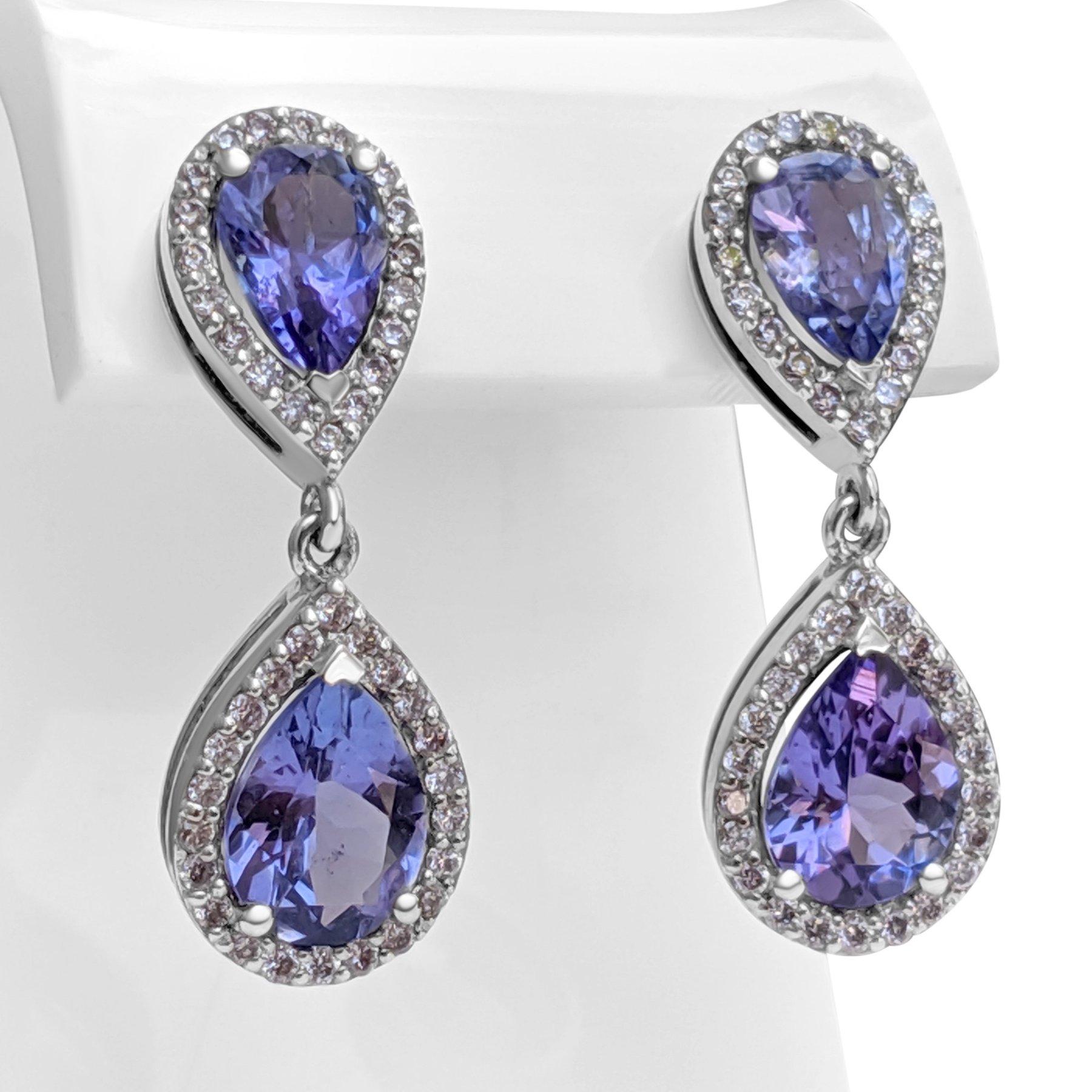 Pear Cut NO RESERVE! 3.61Ct Tanzanite and 0.50Ct Diamonds 14K White Gold Earrings
