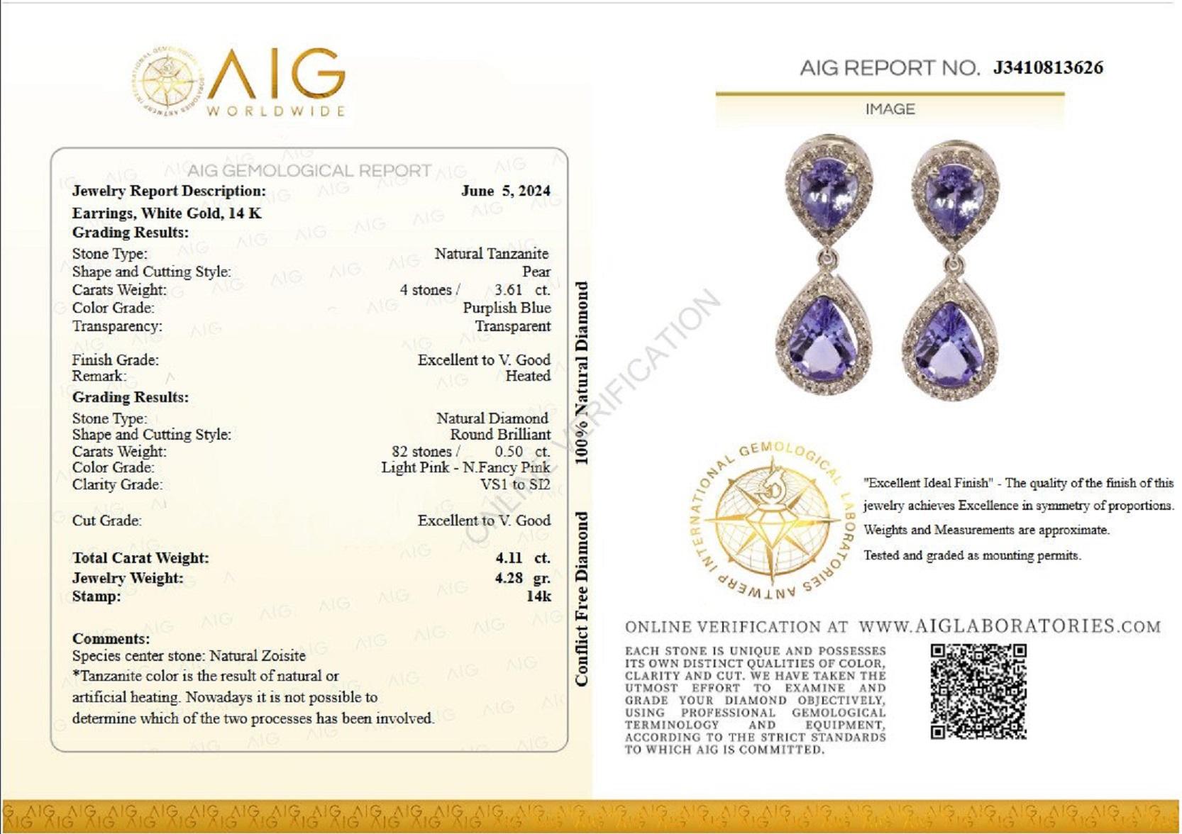 NO RESERVE! 3.61Ct Tanzanite and 0.50Ct Diamonds 14K White Gold Earrings In New Condition In Ramat Gan, IL