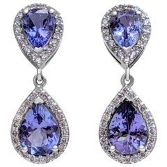 NO RESERVE! 3.61Ct Tanzanite and 0.50Ct Diamonds 14K White Gold Earrings