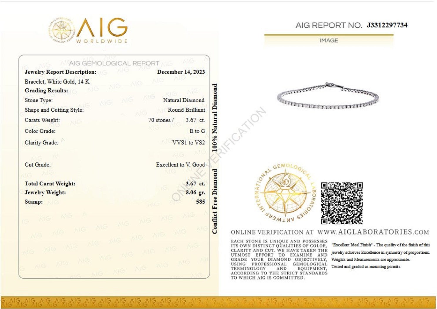 Side Stones:
___________
Natural Diamonds
Cut: Round Brilliant
Carat: 3.67 cttw / 70 stones
Color: E to G
Clarity: VVS1 to VS1

Item ships from Israeli Diamonds Exchange, customers are responsible for any local customs or VAT fees that might apply
