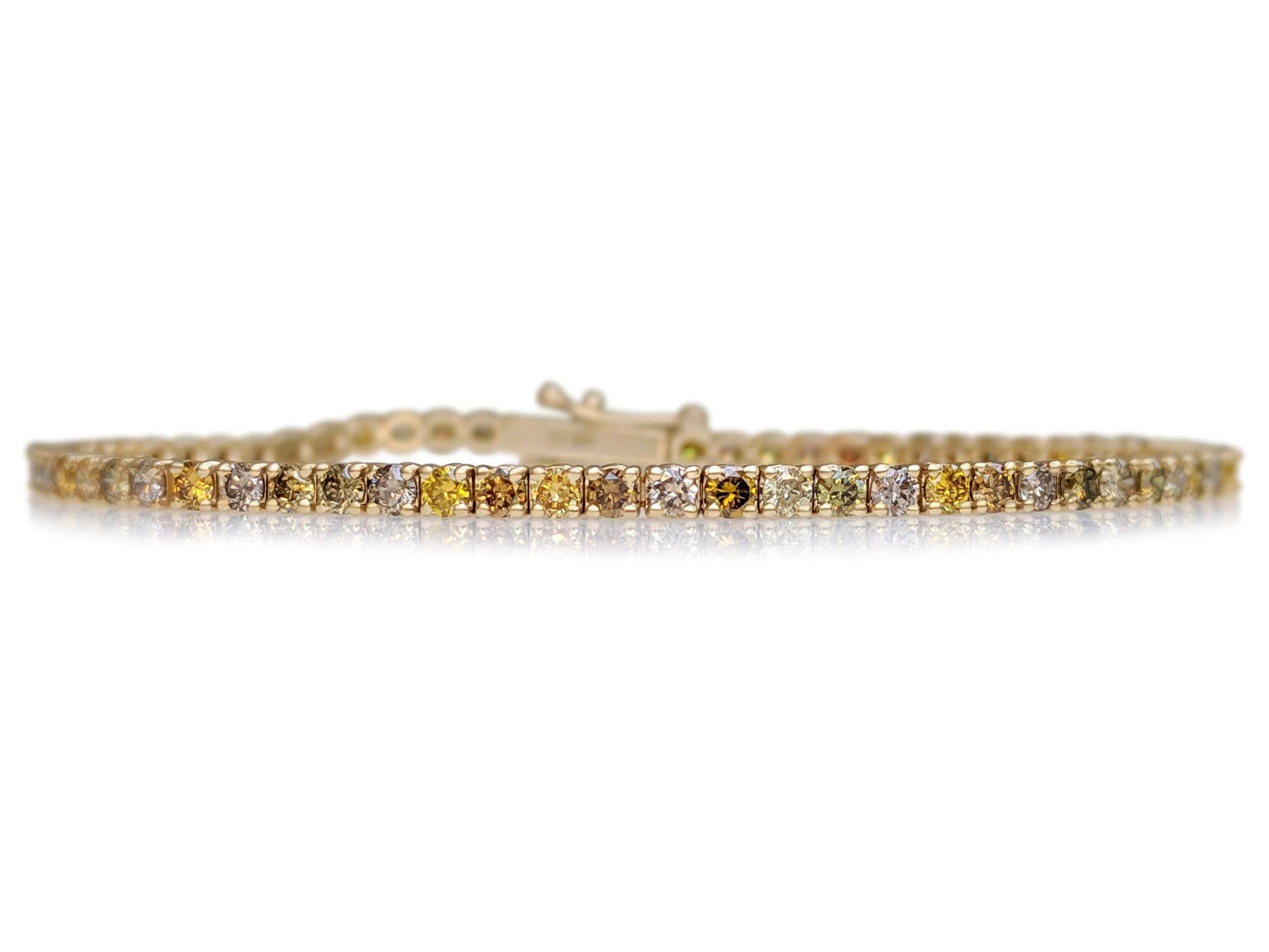 Round Cut NO RESERVE!  3.73 Carat Fancy Color Diamond Tennis - 14K Yellow Gold - Bracelet
