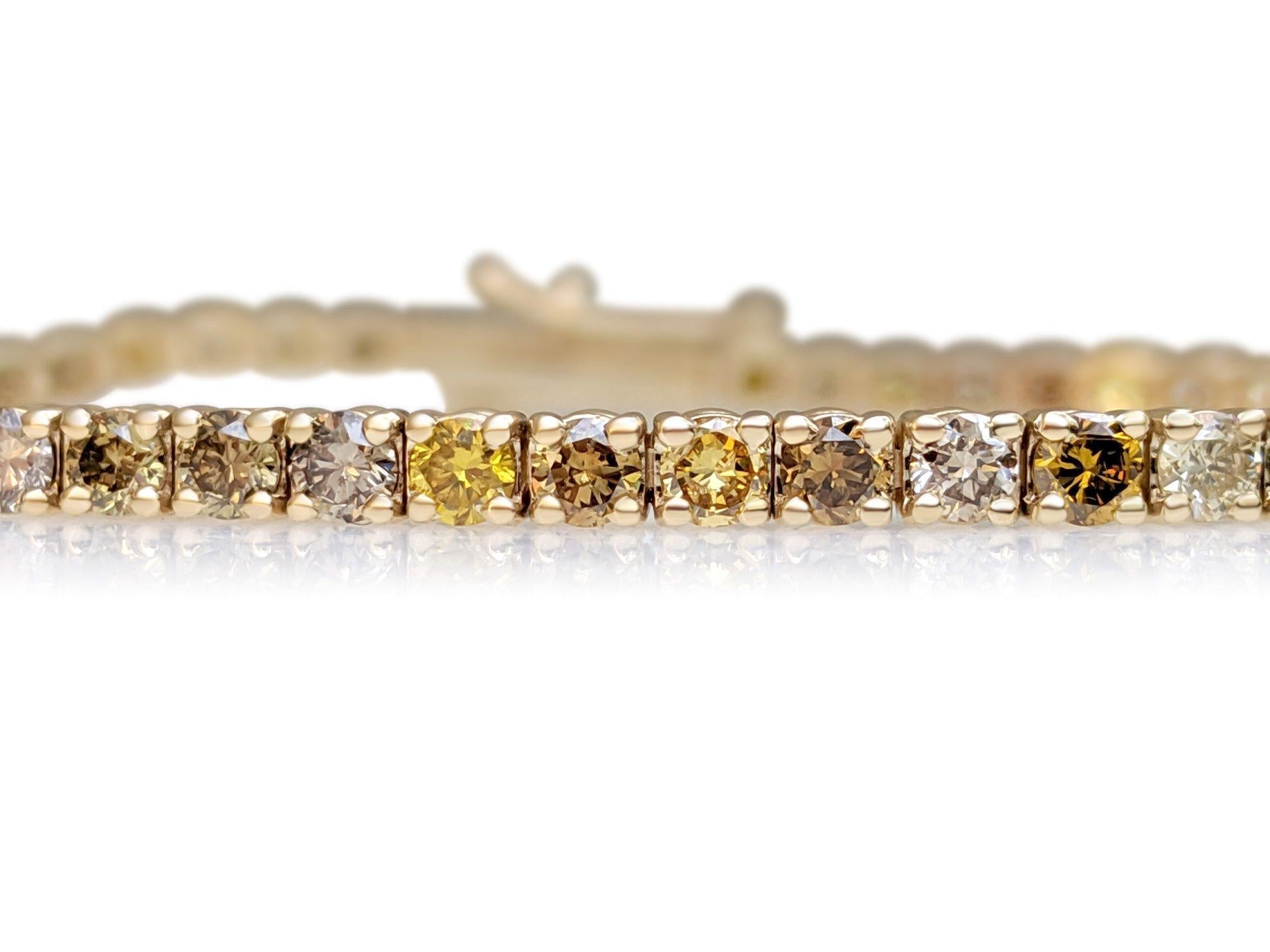 NO RESERVE!  3.73 Carat Fancy Color Diamond Tennis - 14K Yellow Gold - Bracelet In New Condition In Ramat Gan, IL