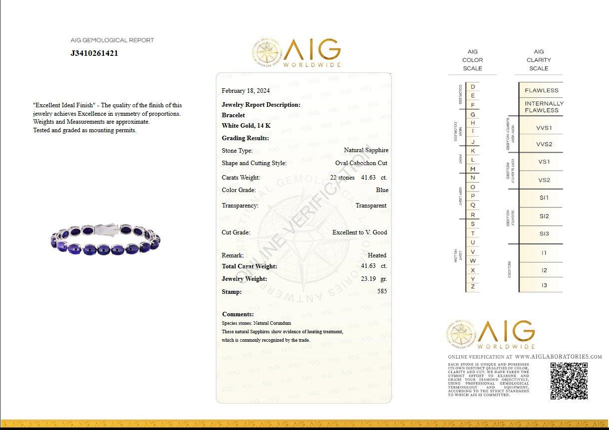 The bracelet will stand out in any occasion and is a wonderful gift for yourself or your loved one.

Size: 18 cm

Center Natural Sapphires:
Weight: 41.63 carat, 22 stones
Color: Blue
Shape: Oval Cabochon

Item ships from Israeli Diamonds Exchange,