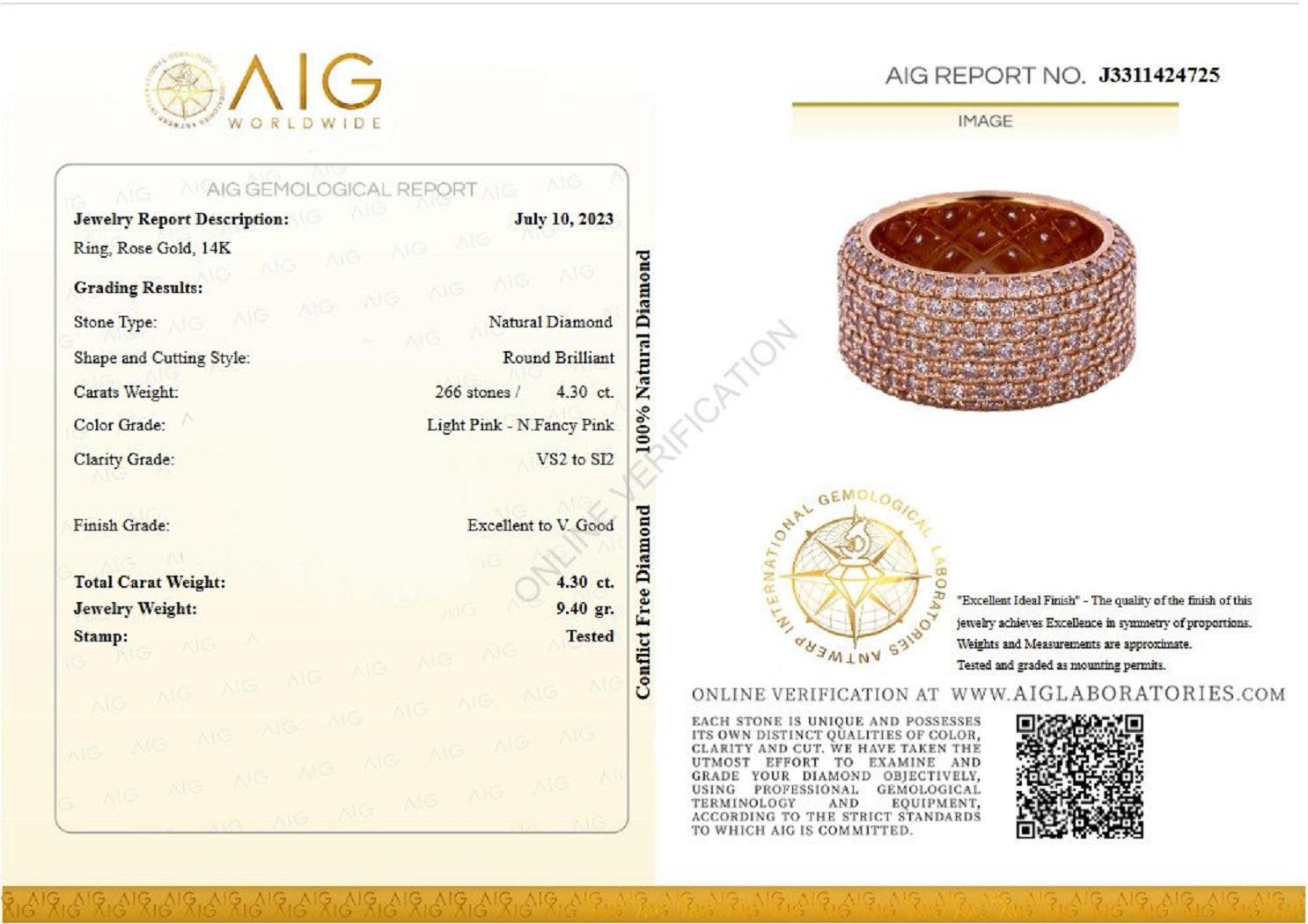Größe: 55 EU

Mittelstein:
___________
Natürlicher Diamant
Schliff: Runder Brillantschliff
Karat: 4,30 cttw / 266 Steine
Farbe: Hellrosa - N.Fancy Pink
Reinheit: VS2 bis SI2

Der Artikel wird von Israeli Diamonds Exchange versandt, der Kunde ist für