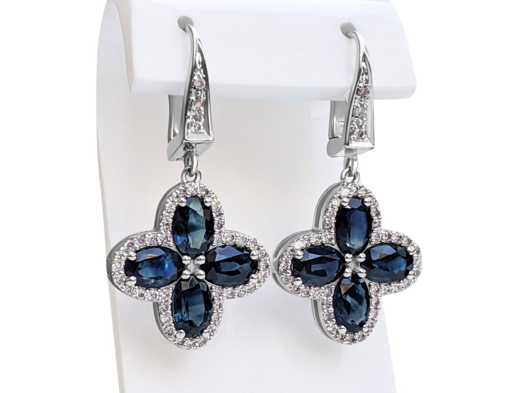 Oval Cut NO RESERVE!  4.30Ct Sapphire & 0.50 Pink Diamonds - 14K White Gold Earrings For Sale