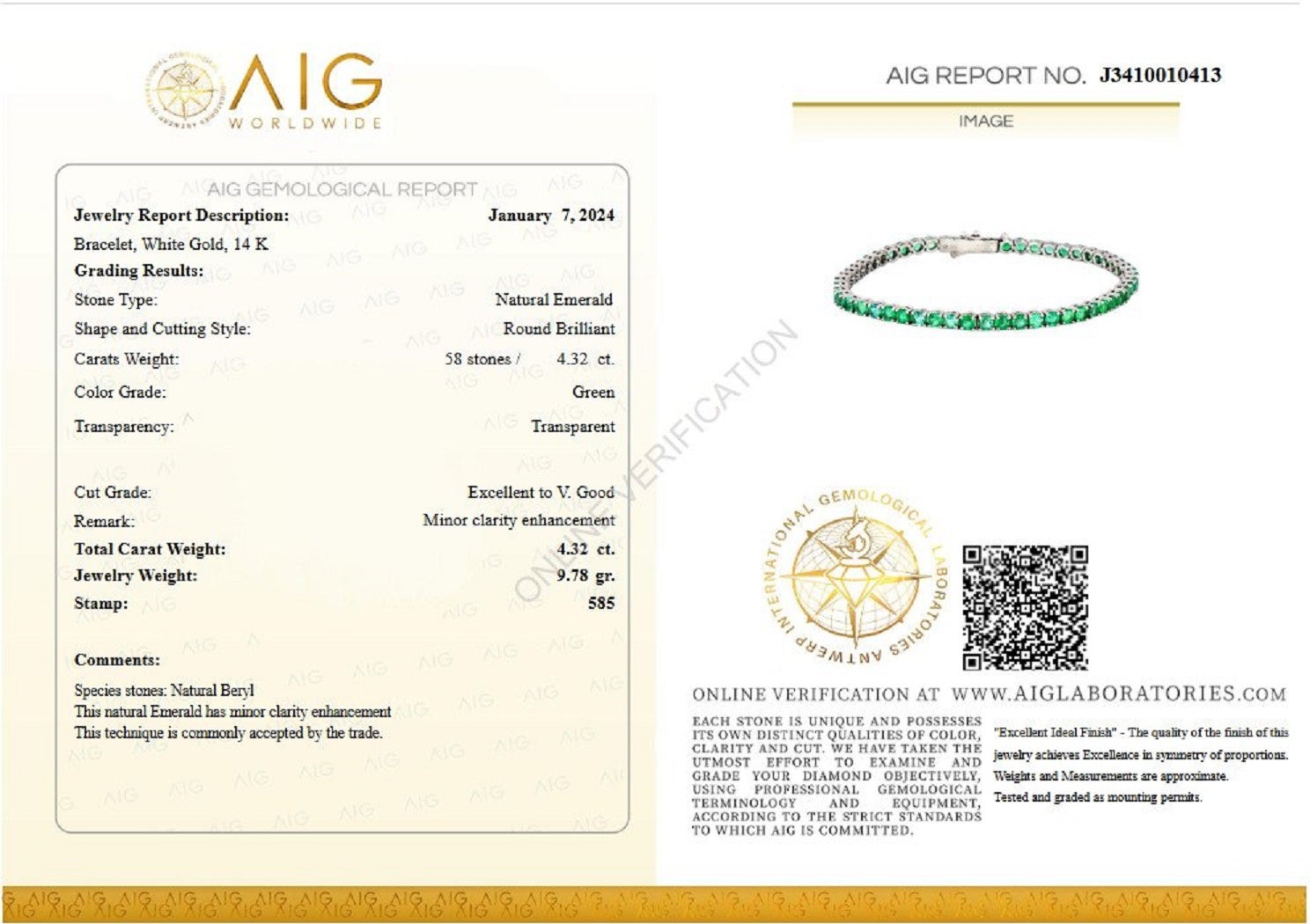 The bracelet will stand out in any occasion and is a wonderful gift for yourself or your loved one.

Center Natural Emerald:
Weight: 4.32 carat, 58 stones
Color: Green
Shape: Round Brilliant

Item ships from Israeli Diamonds Exchange, customers are