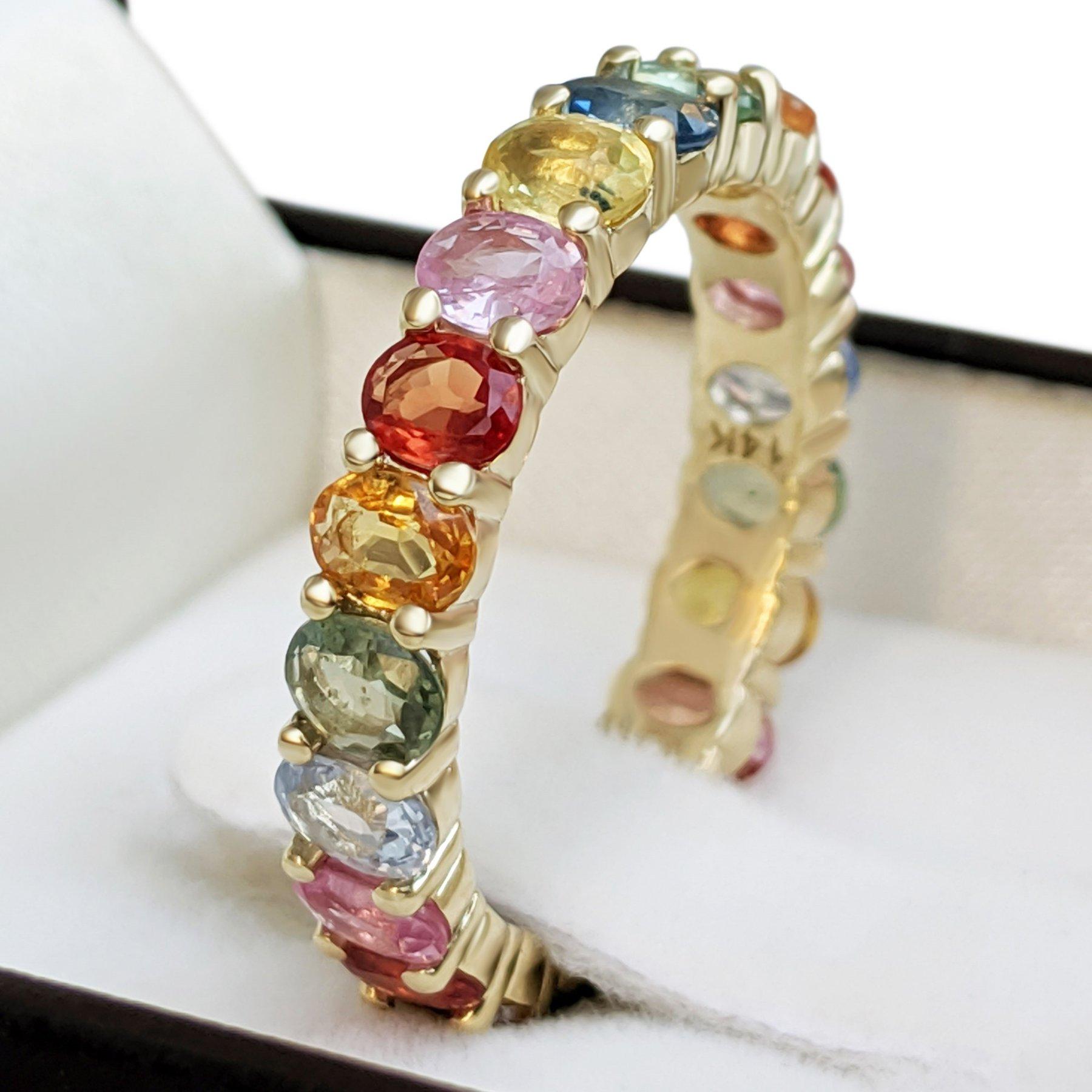 Art Deco NO RESERVE! 4.38Ct Multi Color Sapphire Eternity Band - 14kt Yellow gold - Ring