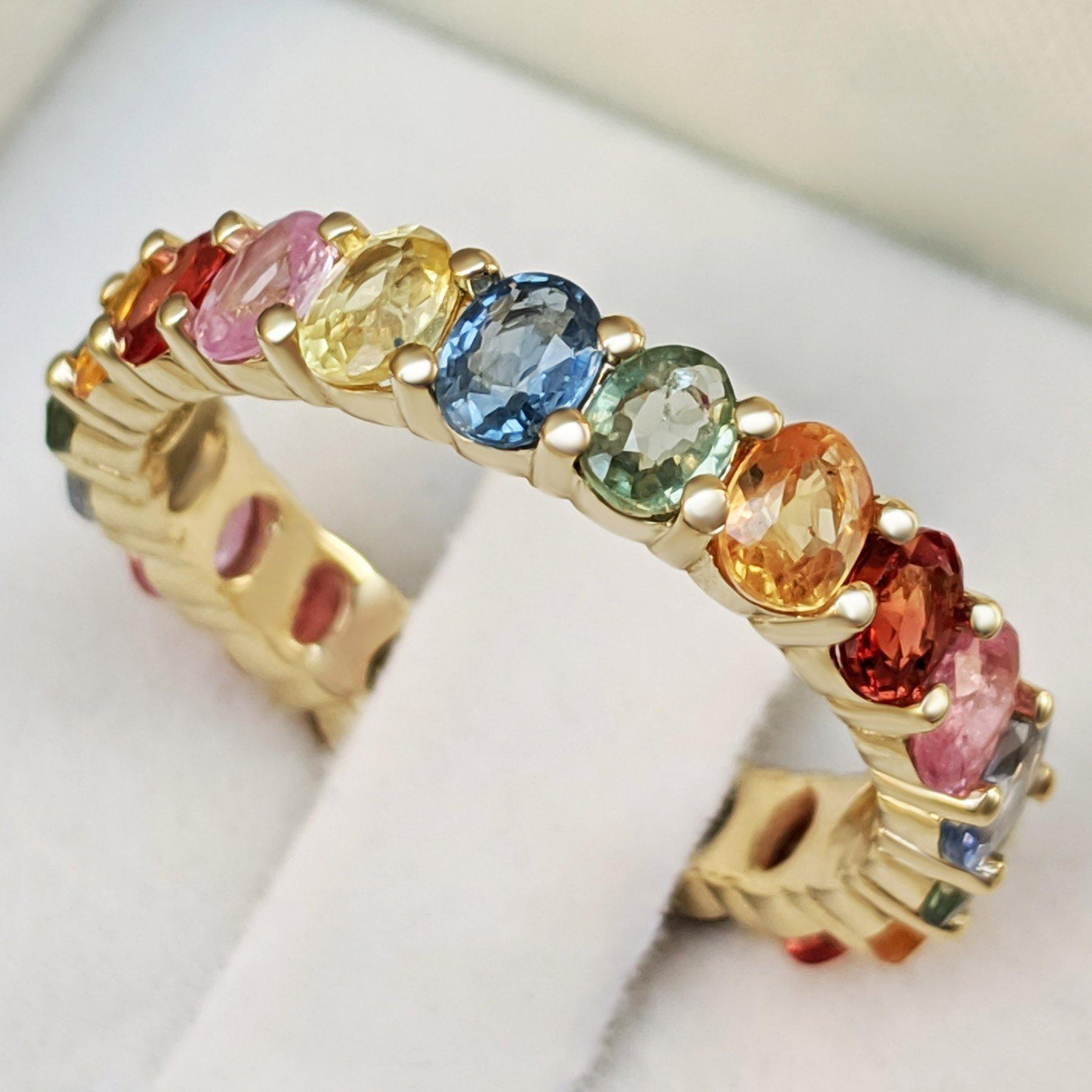 NO RESERVE! 4.38Ct Multi Color Sapphire Eternity Band - 14kt Yellow gold - Ring In New Condition In Ramat Gan, IL