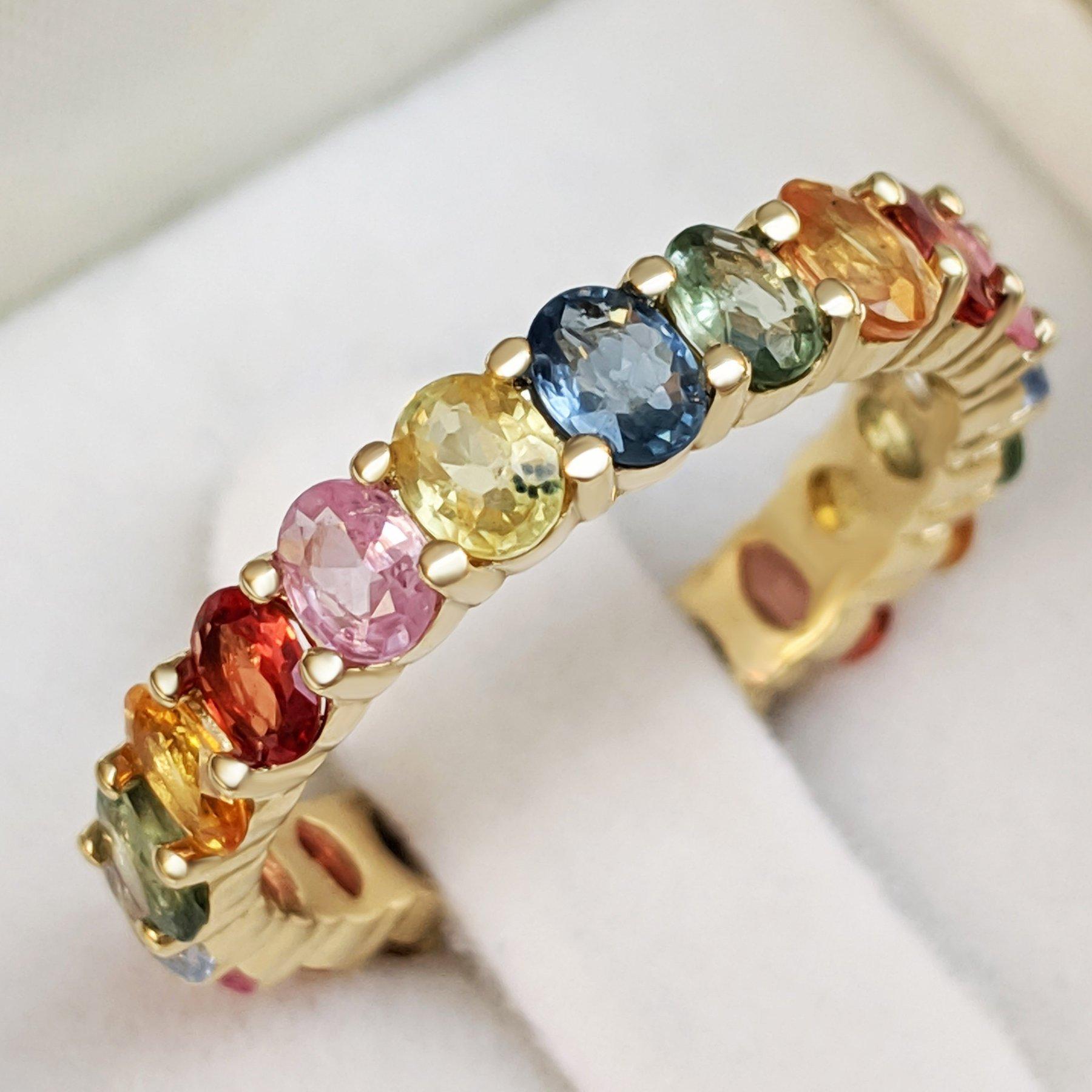 Women's NO RESERVE! 4.38Ct Multi Color Sapphire Eternity Band - 14kt Yellow gold - Ring
