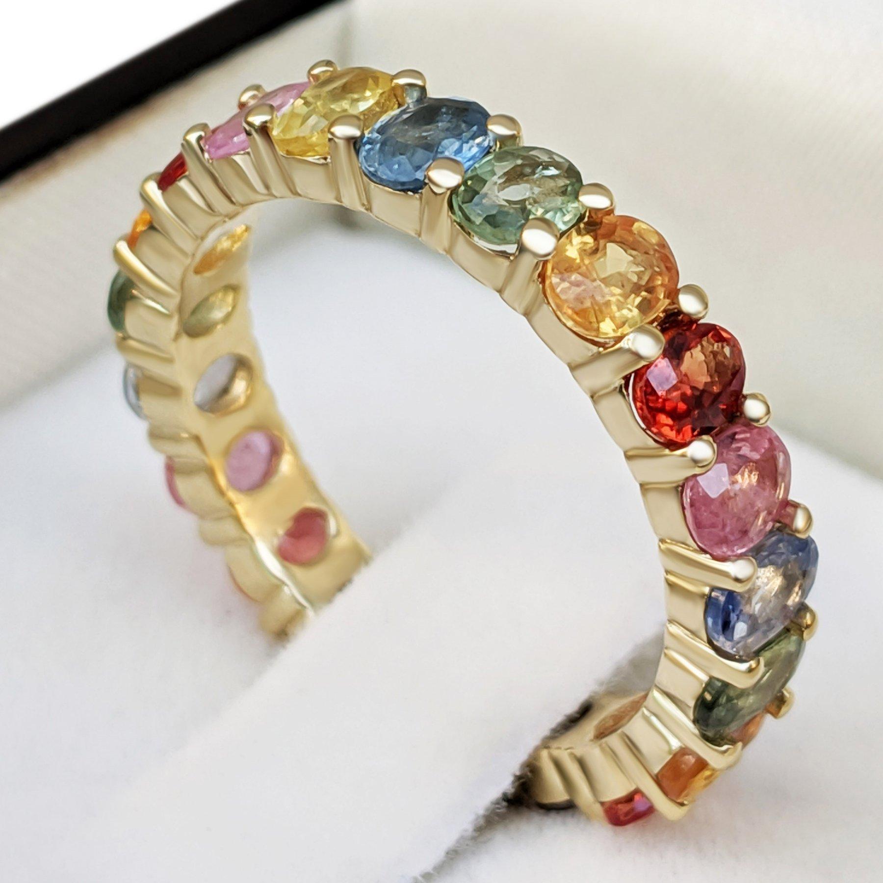 NO RESERVE! 4.38Ct Multi Color Sapphire Eternity Band - 14kt Yellow gold - Ring 1