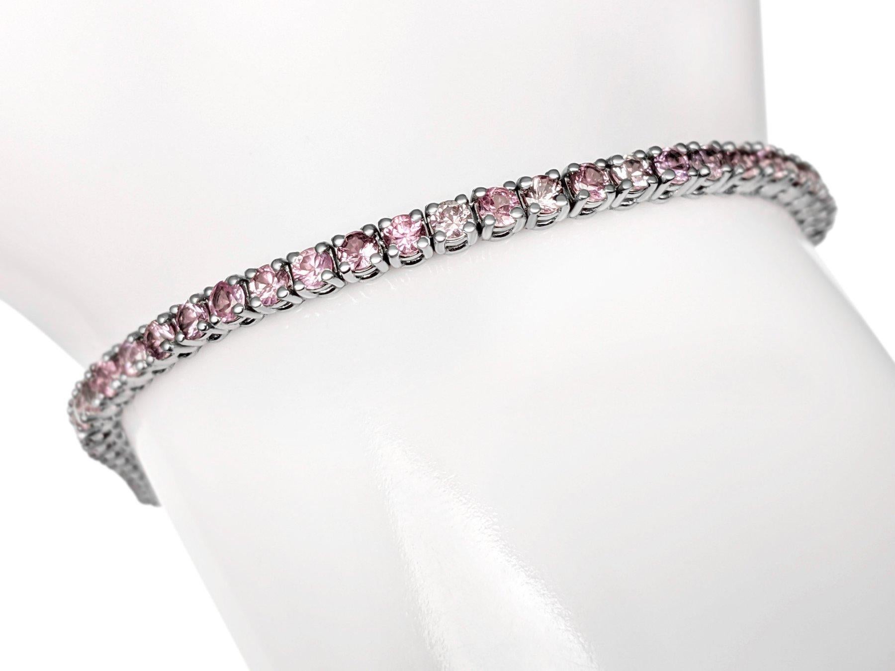 Women's $1 NO RESERVE!  4.45 Ct Pink Sapphire Tennis Riviera - 14K White gold - Bracelet