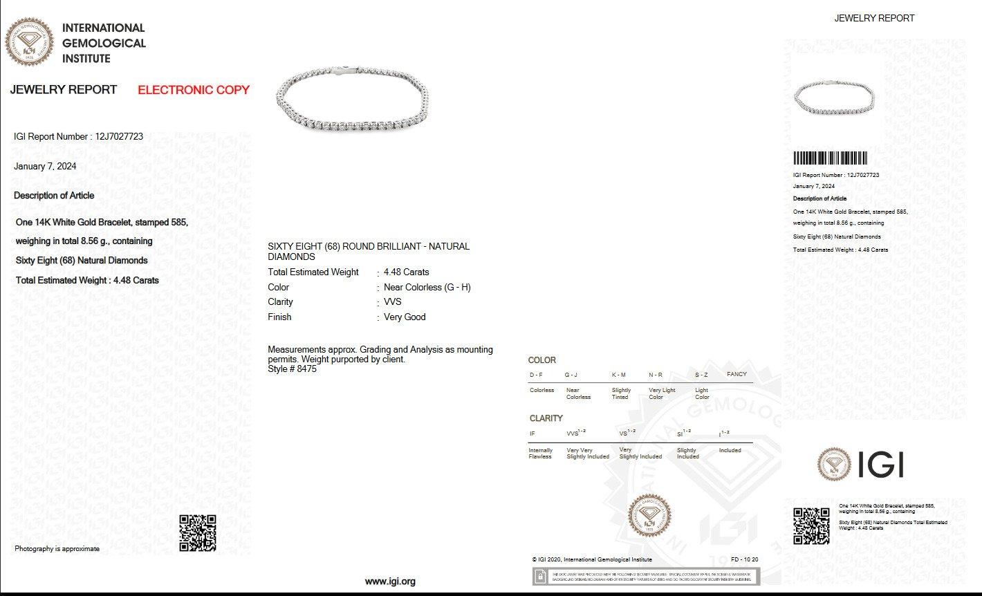 Longueur : 18 cm

Side Stones :
___________
Diamants naturels
Coupe : Brillant rond
Carat : 4.48 cttw / 68 pierres
Couleur : G - H
Clarté : VVS

L'article est expédié par Israeli Diamonds Exchange, les clients sont responsables de tous les frais de