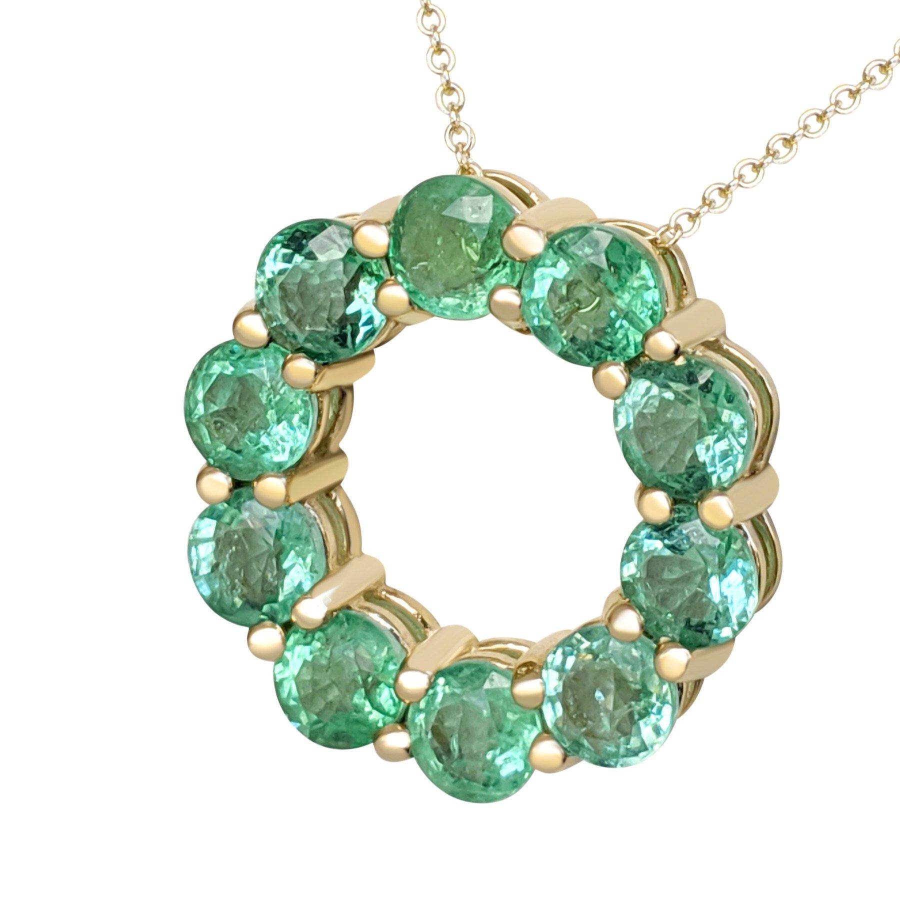 Art Deco $1 NO RESERVE! 4.57 Carat Emerald Circle - 14kt Yellow gold - Pendant Necklace For Sale