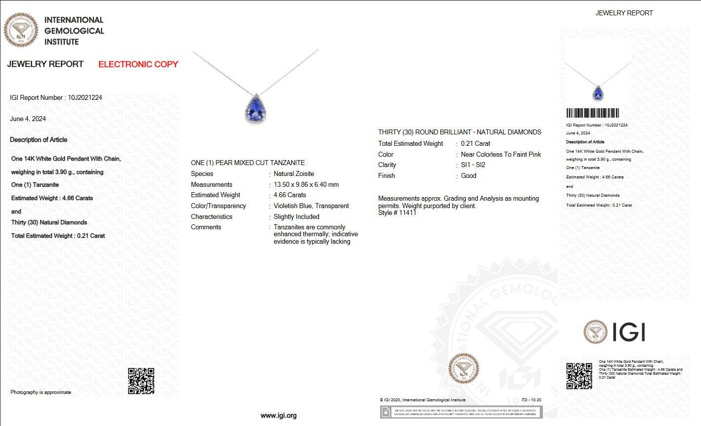 NO RESERVE! 4.66 Ct Tanzanites & 0.21Ct Diamonds 14 kt. White gold Necklace In New Condition For Sale In Ramat Gan, IL