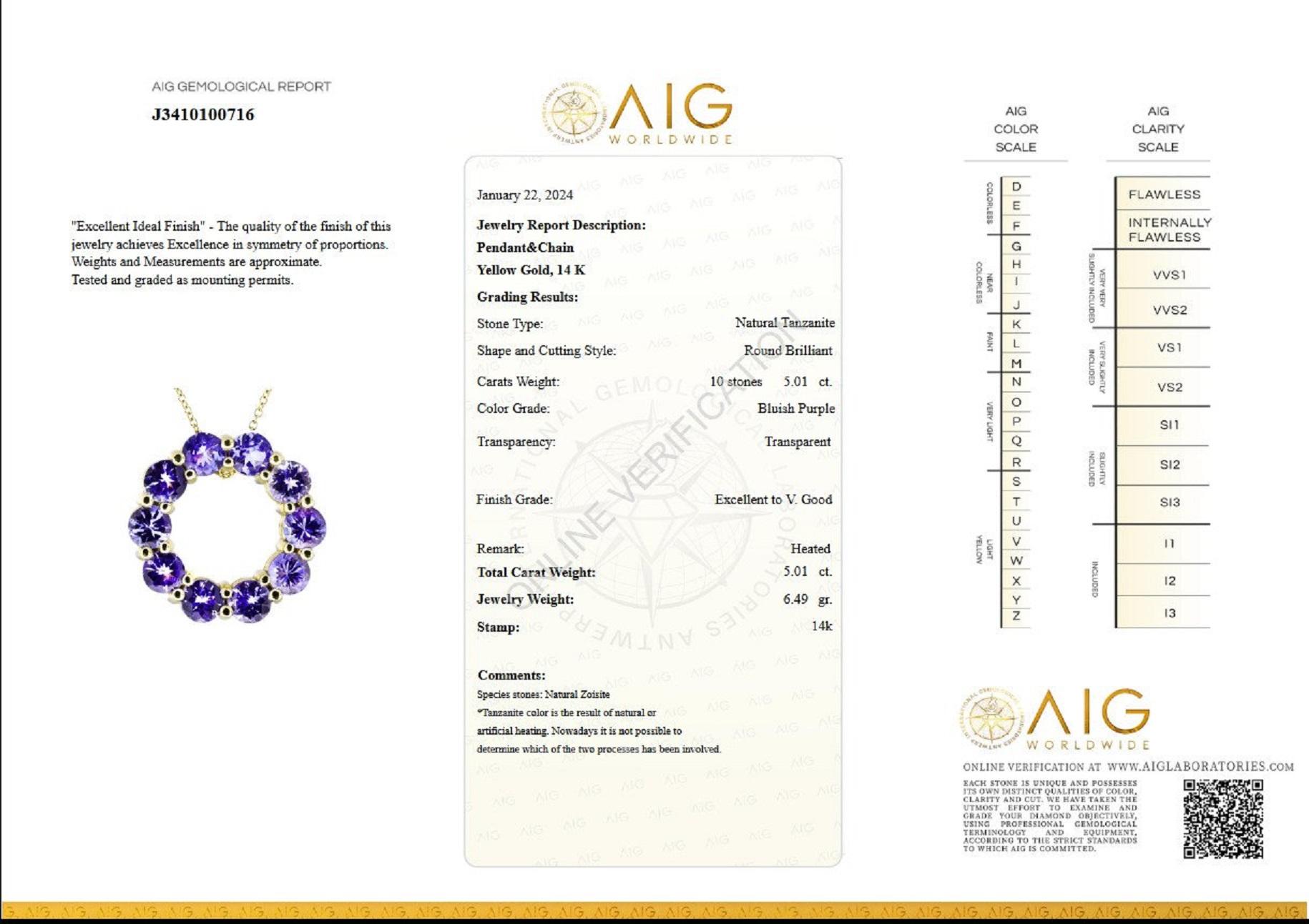 Center Tanzanite Stone:
Weight: 5.01 carat / 10 stones
Color: Bluish Purple
Shape: Round Brilliant

Length: 45 cm necklace + 2 cm pendant

Item ships from Israeli Diamonds Exchange, customers are responsible for any local customs or VAT fees that
