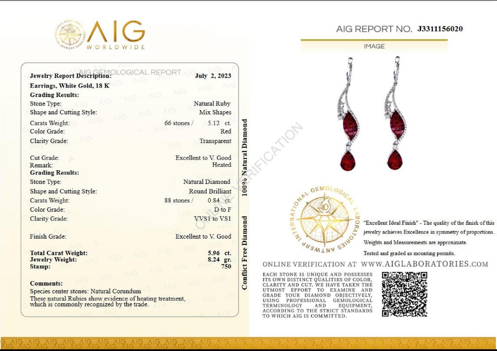 Center Natural Ruby:
Weight: 5.12 cttw (pair)/66 stones
Color: Red
Shape: Mix Shapes
These natural Rubies show evidence of heating treatment, which is commonly recognized by the trade.

Side Stones:
___________
Natural Diamonds
Carat: 0.84