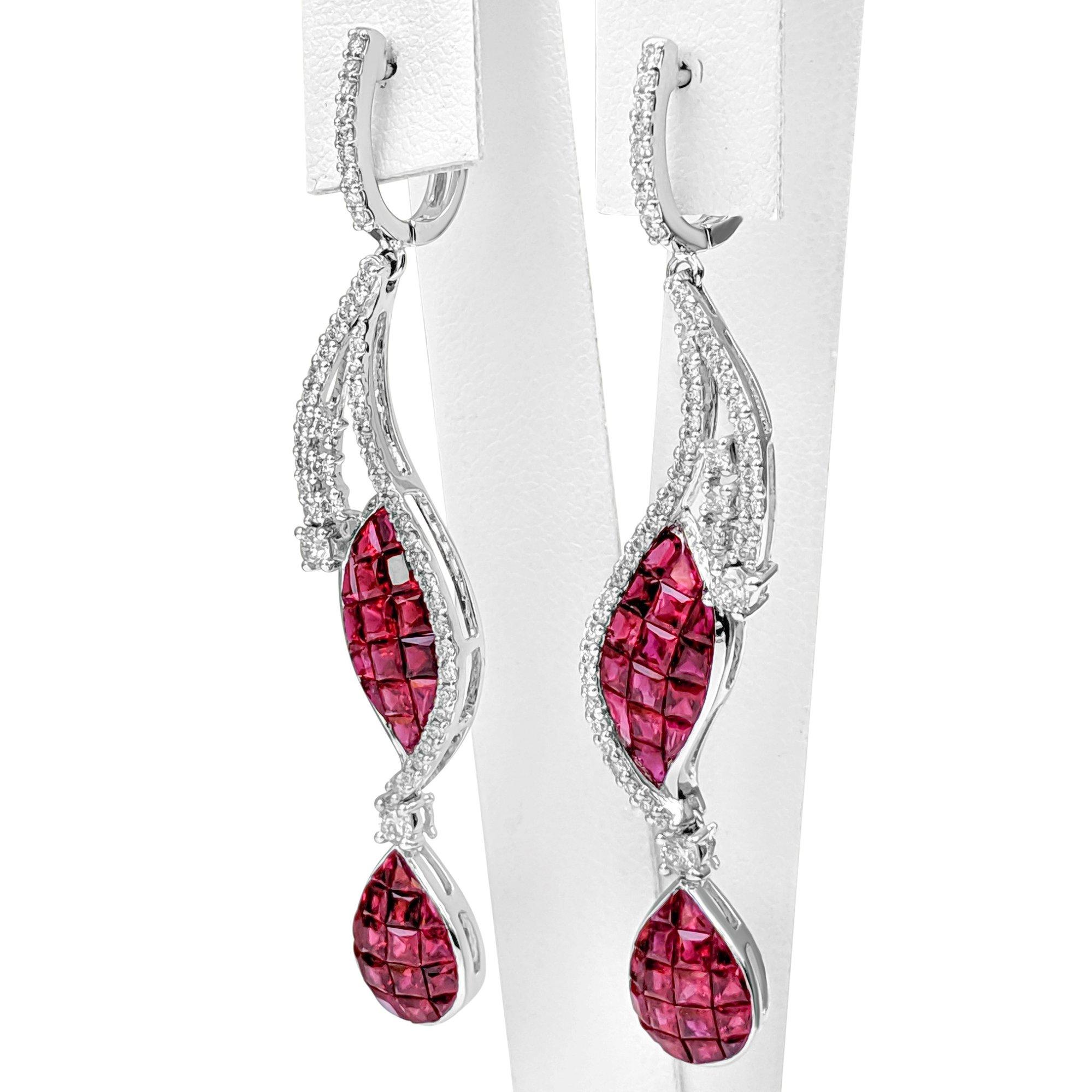 Art Deco NO RESERVE!  -  5.12cttw Ruby & 0.84Ct Diamonds - 18 kt. White Gold Earrings For Sale