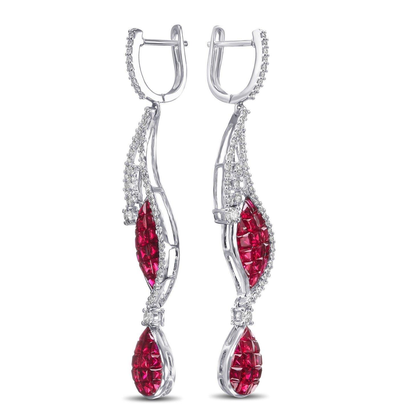 Mixed Cut NO RESERVE!  -  5.12cttw Ruby & 0.84Ct Diamonds - 18 kt. White Gold Earrings For Sale