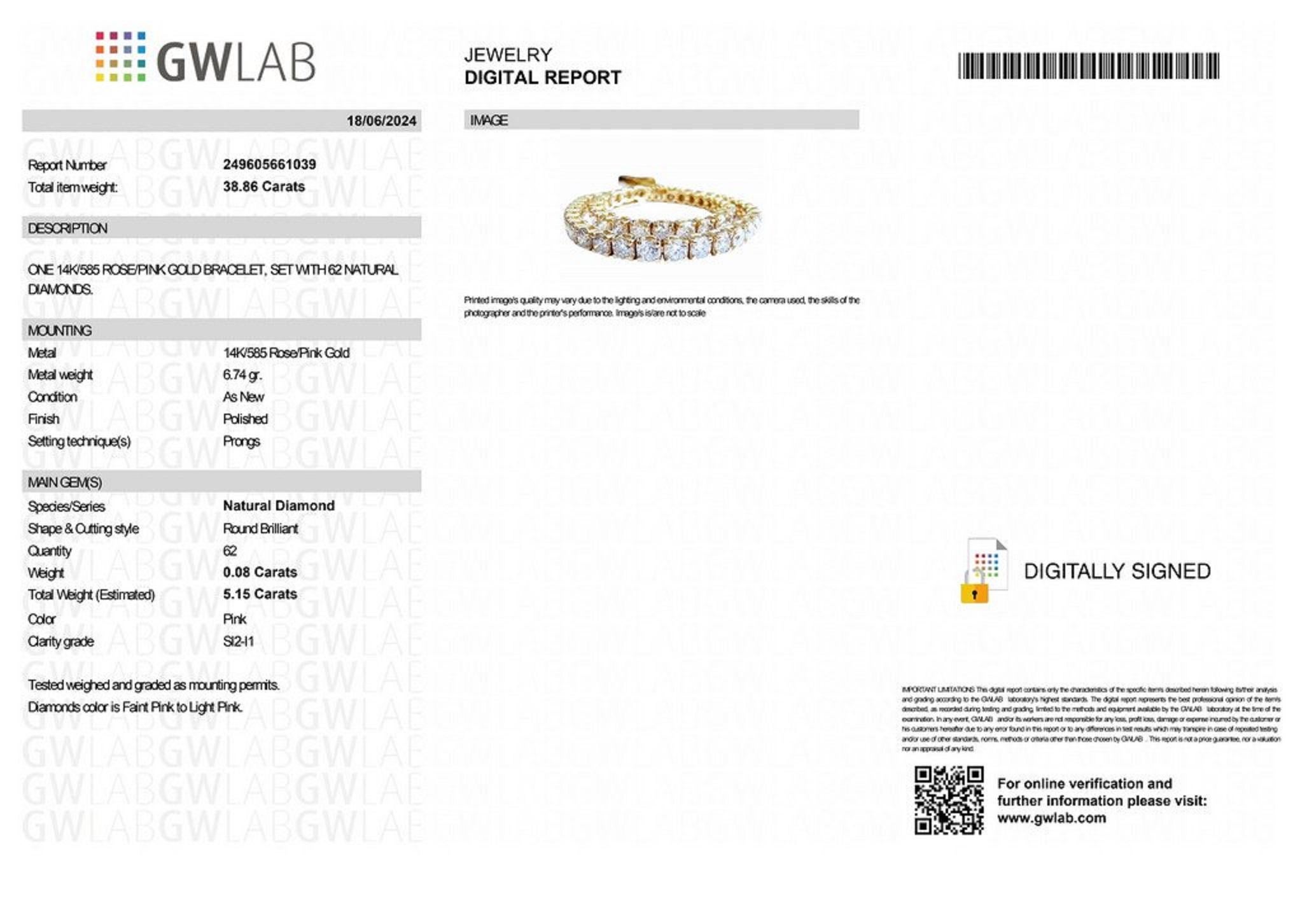 PAS DE RÉSERVE ! 5.15Ct Fancy Light Pink Diamond Tennis Bracelet en or rose 14K Neuf - En vente à Ramat Gan, IL