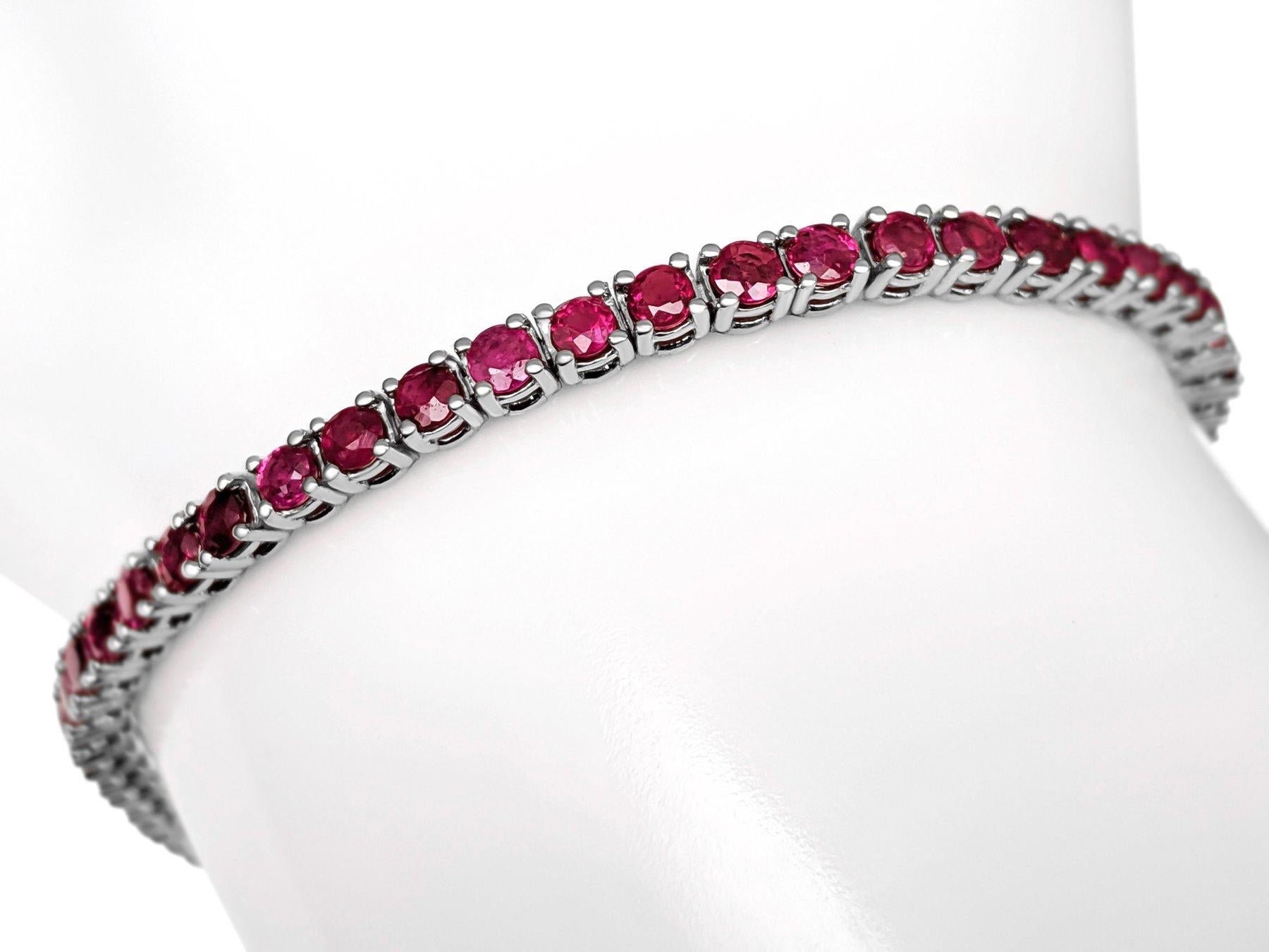 Women's NO RESERVE! - 5.60Ct Natural Rubies Tennis Riviera - 14K White Gold Bracelet
