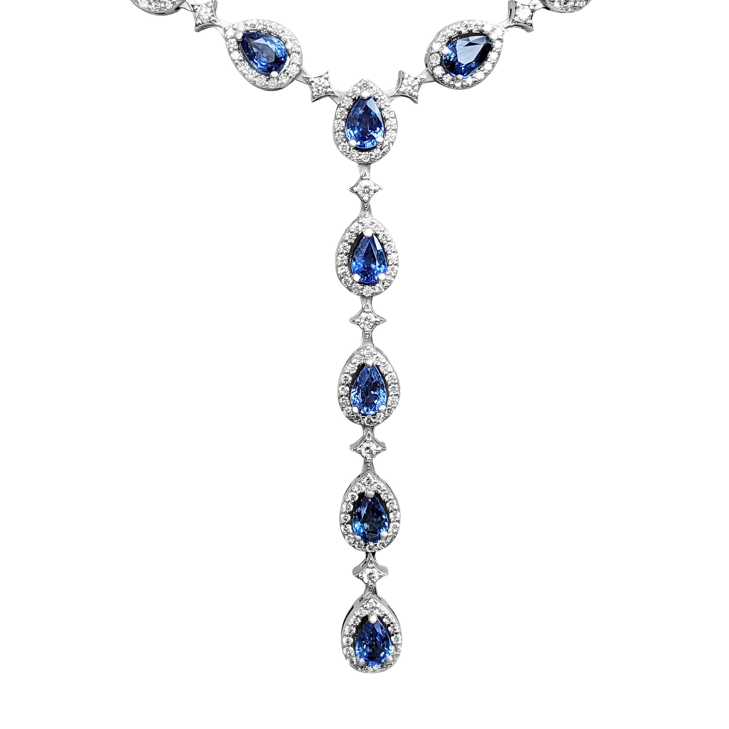 Pear Cut No Reserve, 7.47ct Blue Sapphires & 1.55cttw Diamonds, 14k White Gold Necklace For Sale