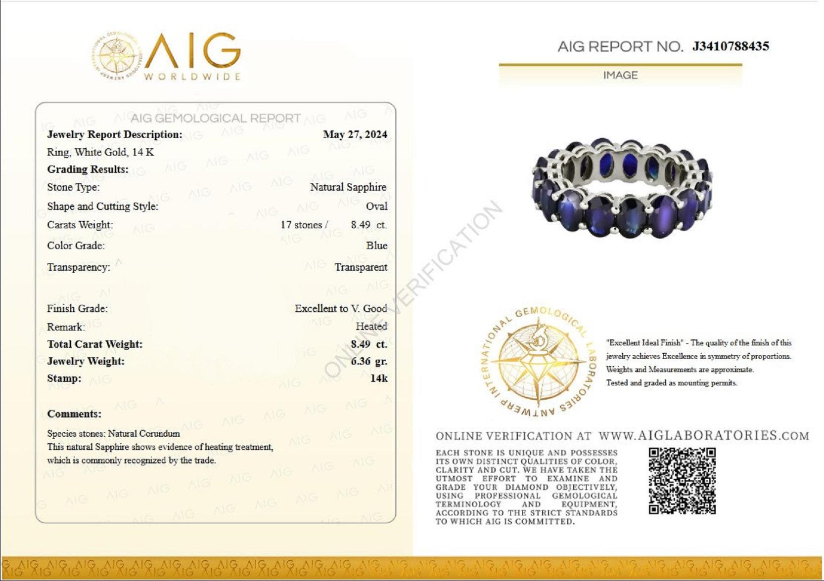 Oval Cut NO RESERVE! 8.49 Carat Sapphire Eternity Band - 14K White Gold Ring For Sale