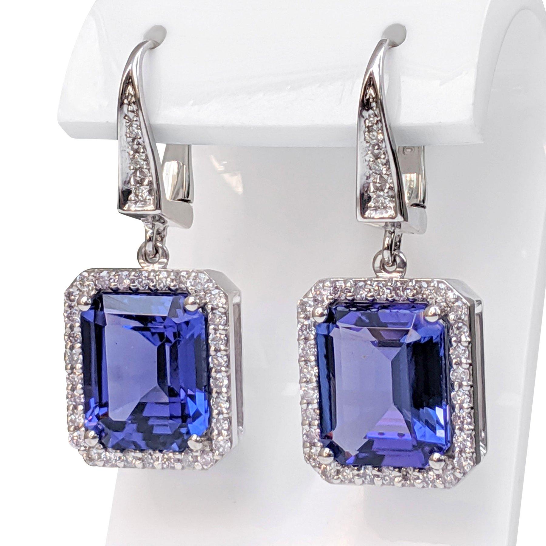 Emerald Cut NO RESERVE! 9.30Ct Tanzanite & 0.50Ct Diamonds 18 kt. White gold Earrings