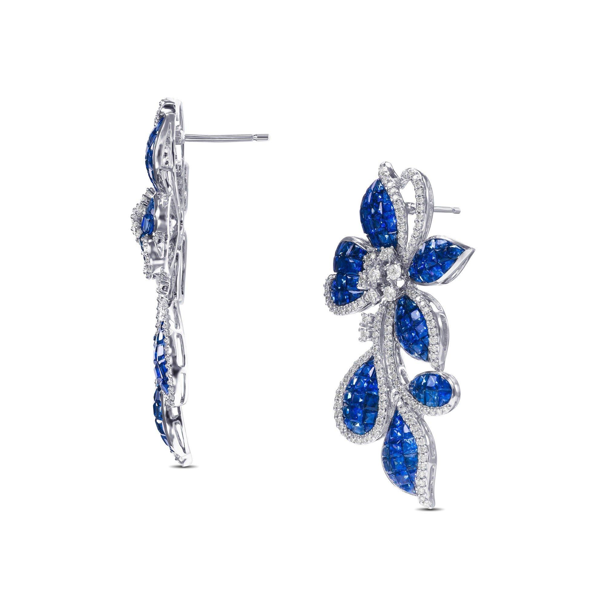 Mixed Cut NO RESERVE! AAA 15.94cttw Blue Sapphire & 0.82 Diamonds 18K White Gold Earrings  For Sale