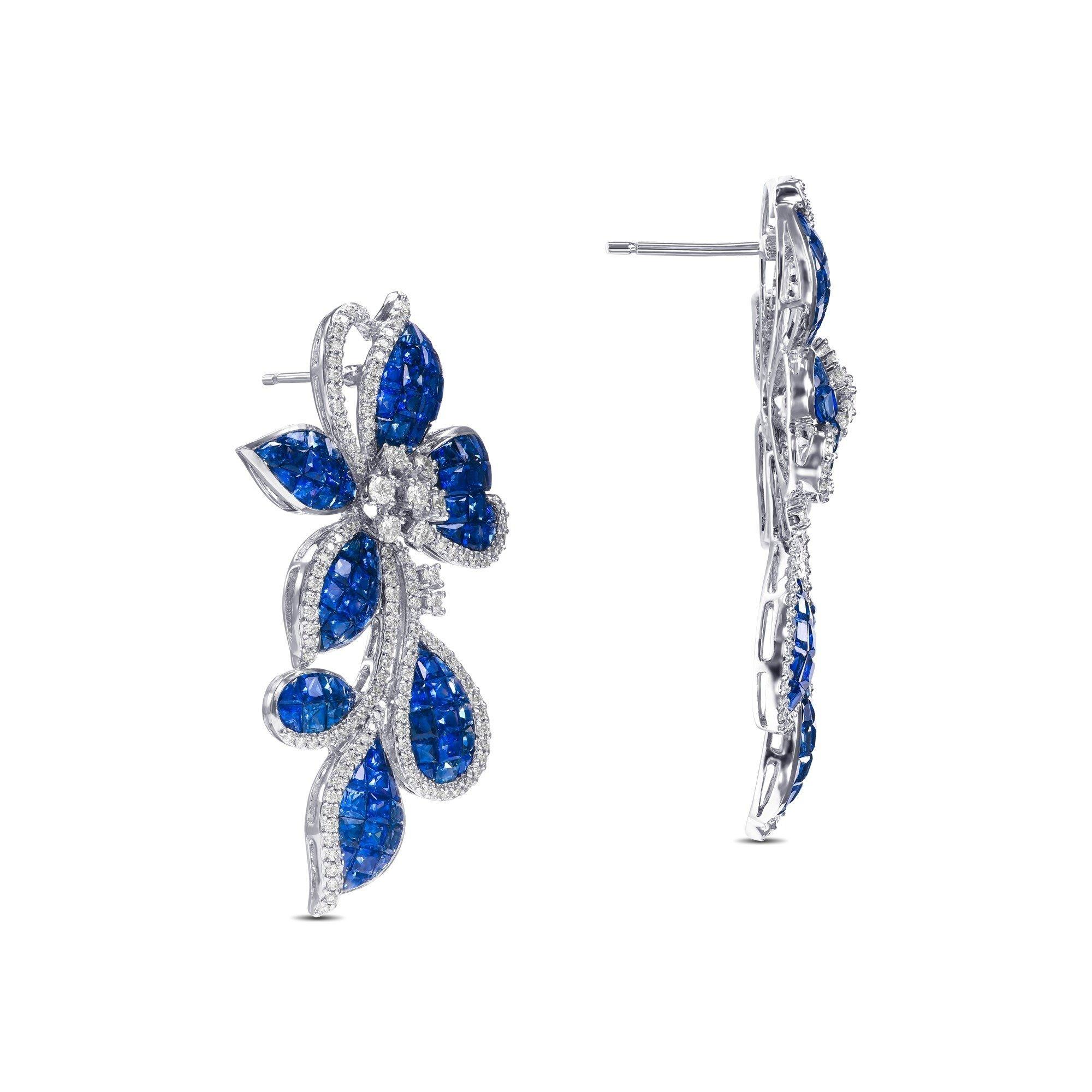 NO RESERVE! AAA 15.94cttw Blue Sapphire & 0.82 Diamonds 18K White Gold Earrings  In New Condition For Sale In Ramat Gan, IL