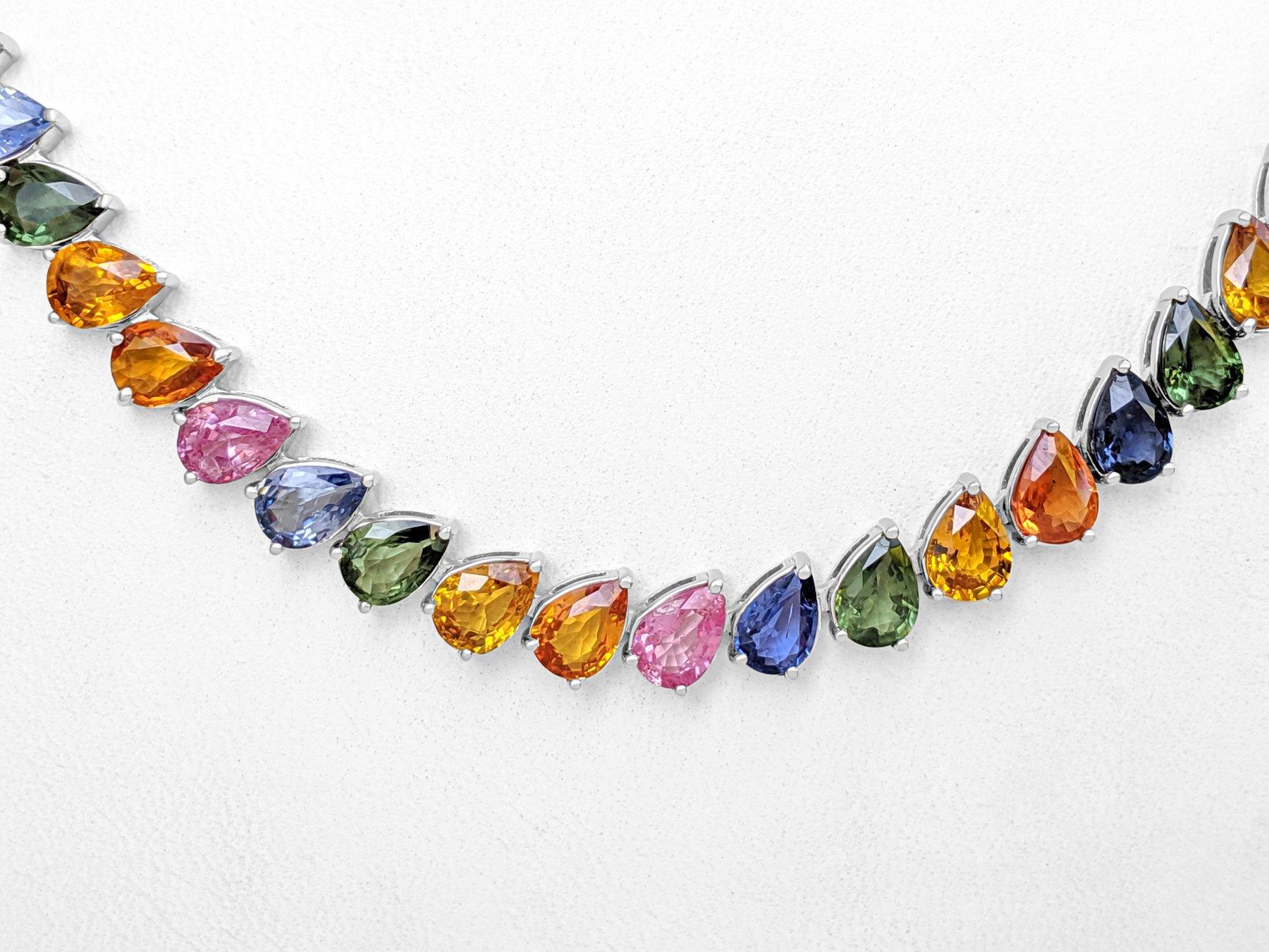 Art Deco NO RESERVE!  -  AAA 63.03cttw Multi Color Pear Sapphire 14K White Gold Necklace For Sale