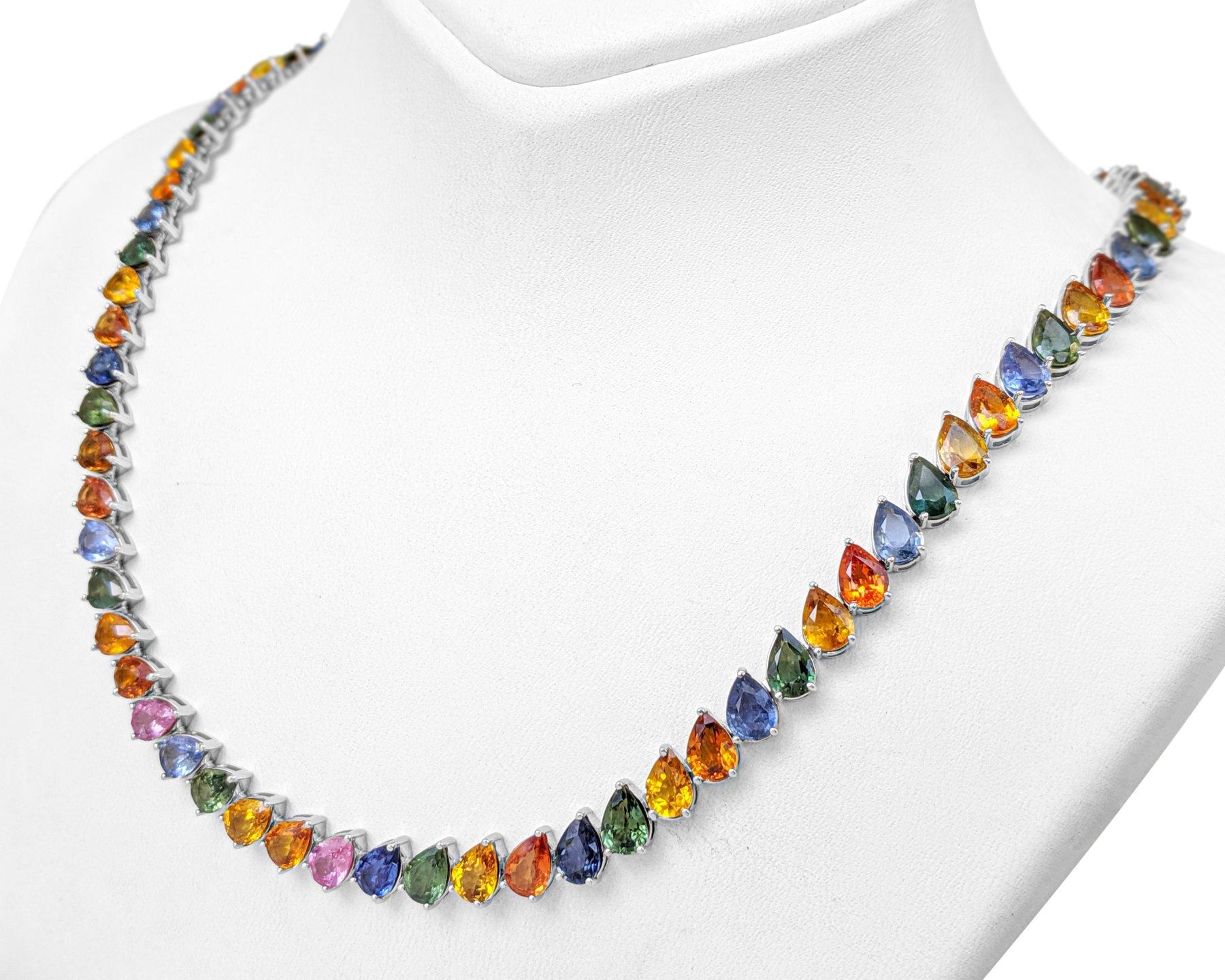 NO RESERVE!  -  AAA 63.03cttw Multi Color Pear Sapphire 14K White Gold Necklace In New Condition For Sale In Ramat Gan, IL