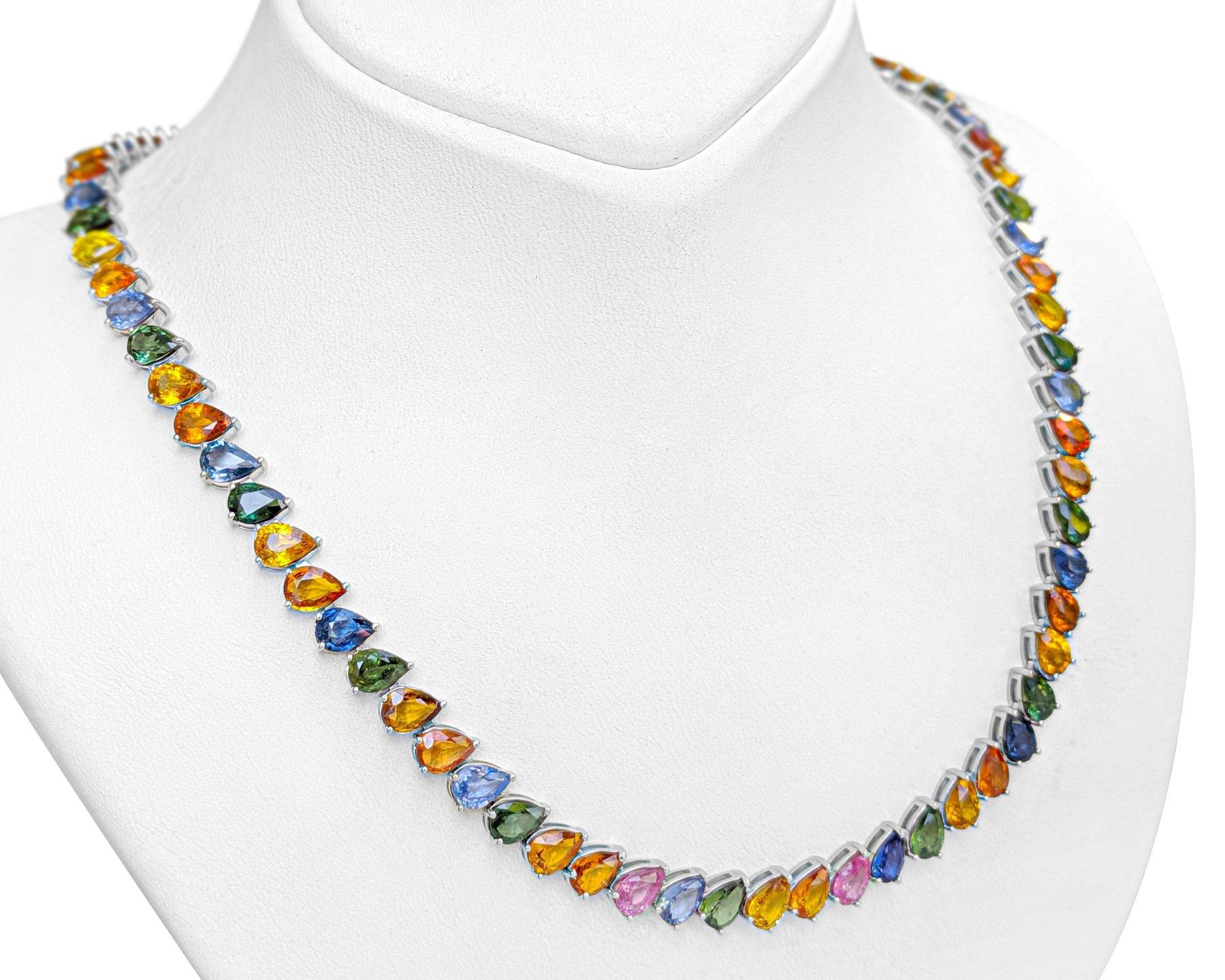 NO RESERVE!  -  AAA 63.03cttw Multi Color Pear Sapphire 14K White Gold Necklace For Sale 1