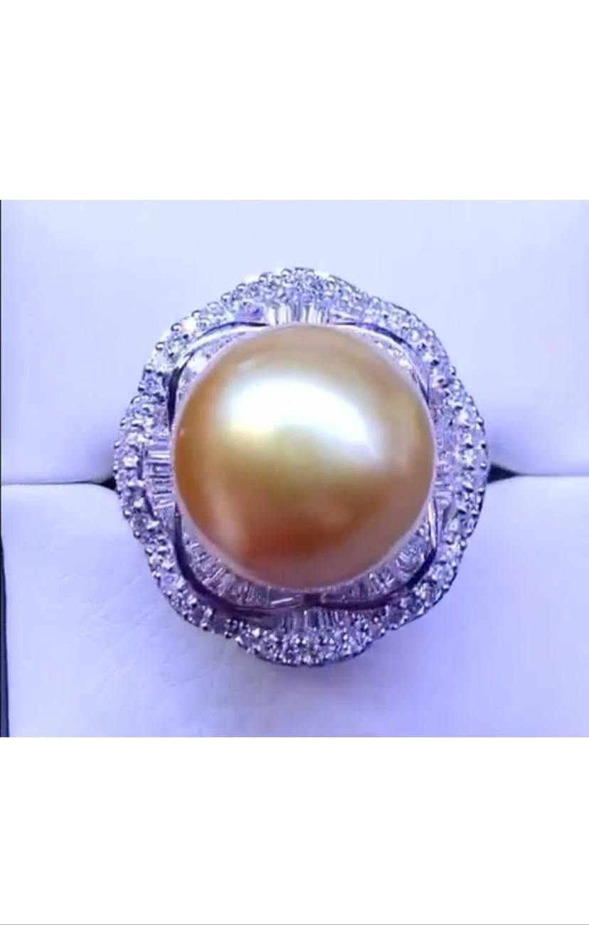 Art Deco GIT Certified Golden South Sea Pearl Diamonds 18K Gold Ring For Sale