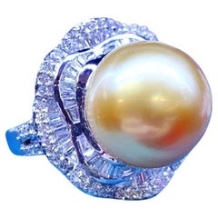 Anello d'oro certificato GIT con perle dei mari del sud e diamanti in oro 18 carati