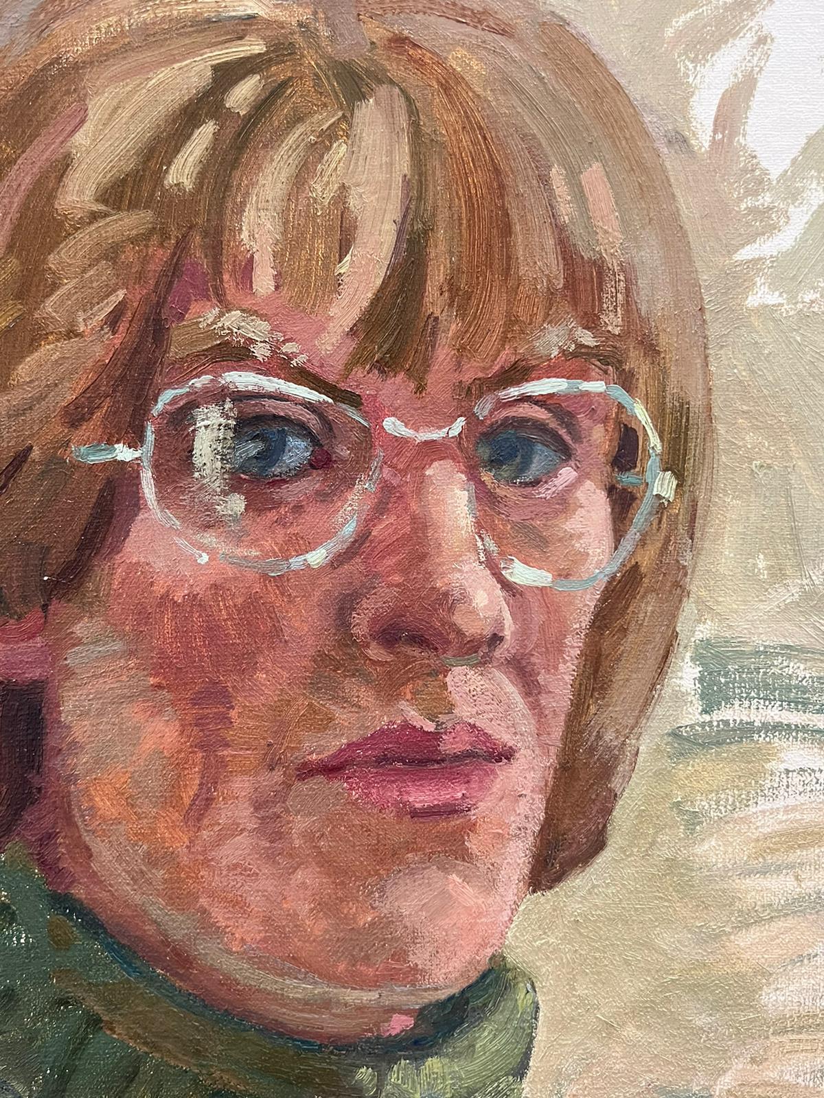 20th Century British Impressionist Signed Oil Painting Portrait of Woman Glasses For Sale 2