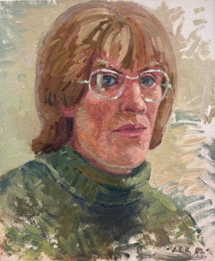20th Century British Impressionist Signed Oil Painting Portrait of Woman Glasses