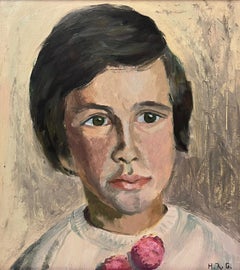 English Impressionist Portrait of Young Child Signed 20th Century Oil Painting