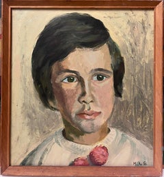 English Impressionist Portrait of Young Child Signed 20th Century Oil Painting
