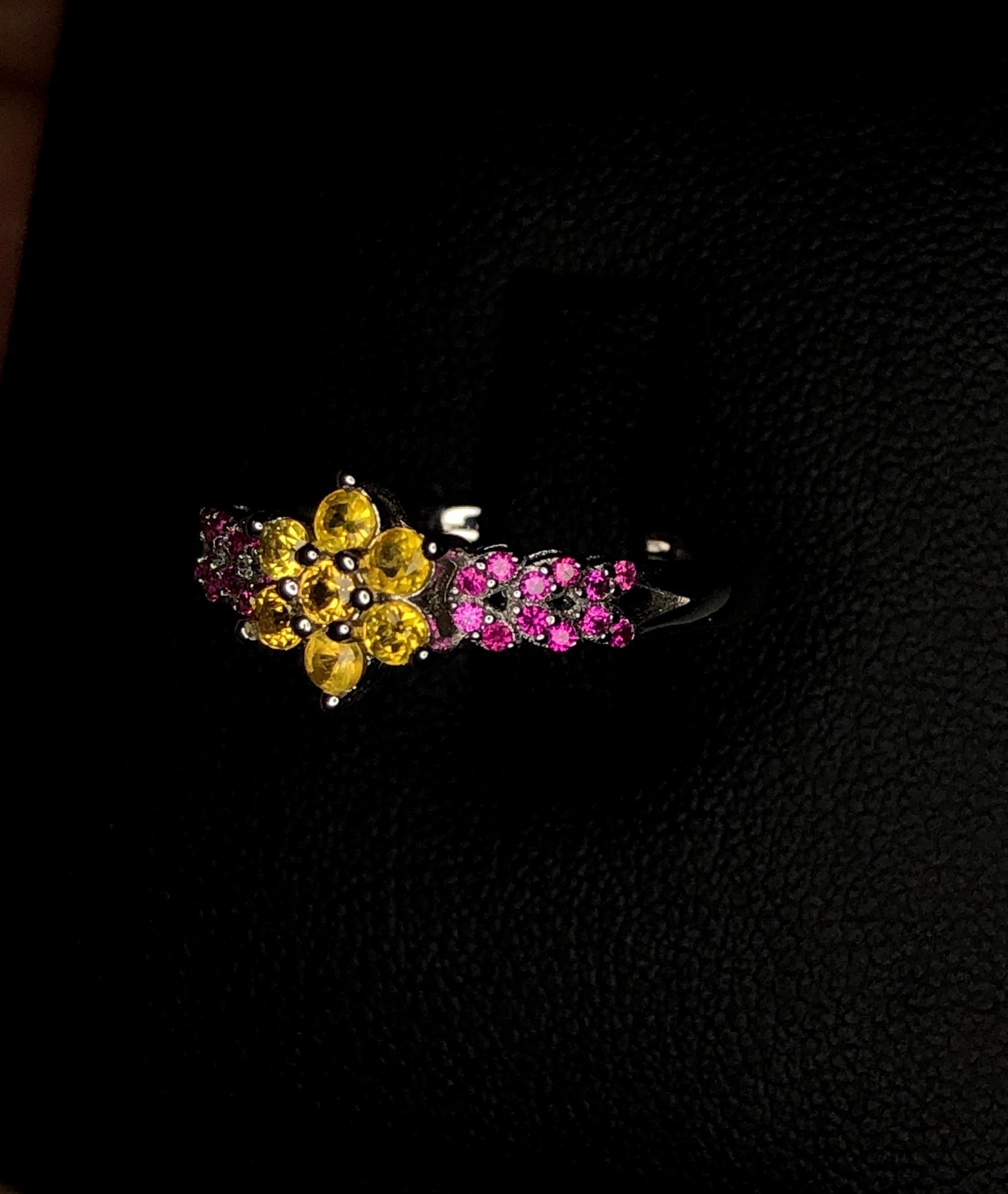 Round Cut No Reserve-Beautiful Floral Yellow Sapphire/ Hot Pink Malawi Garnet Ring 925 