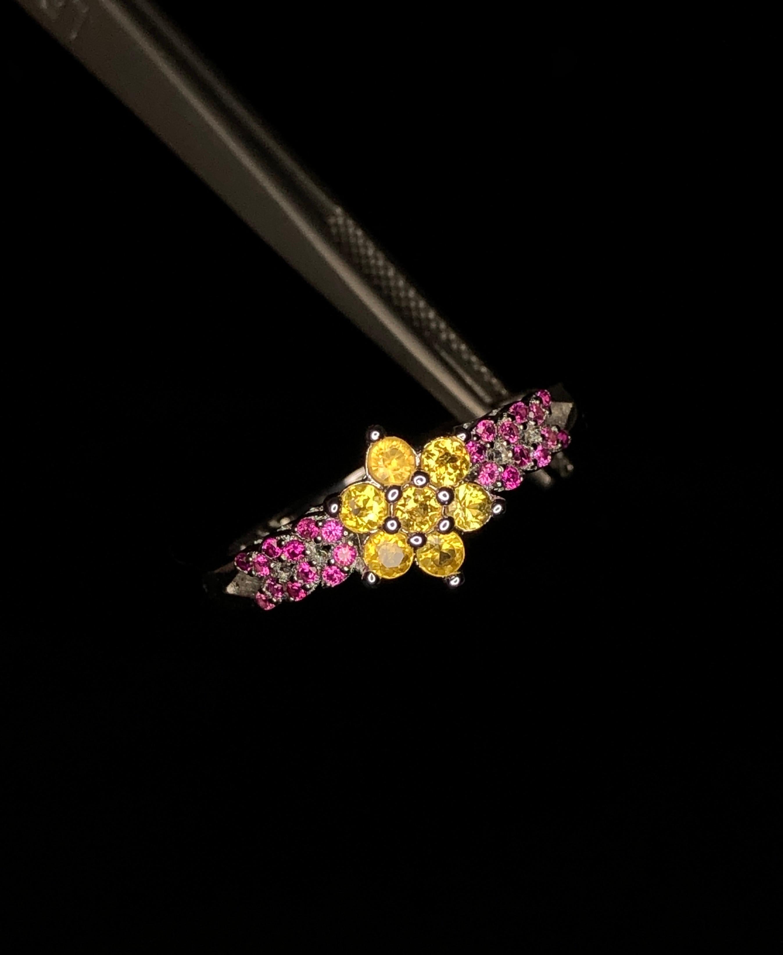No Reserve-Beautiful Floral Yellow Sapphire/ Hot Pink Malawi Garnet Ring 925  1