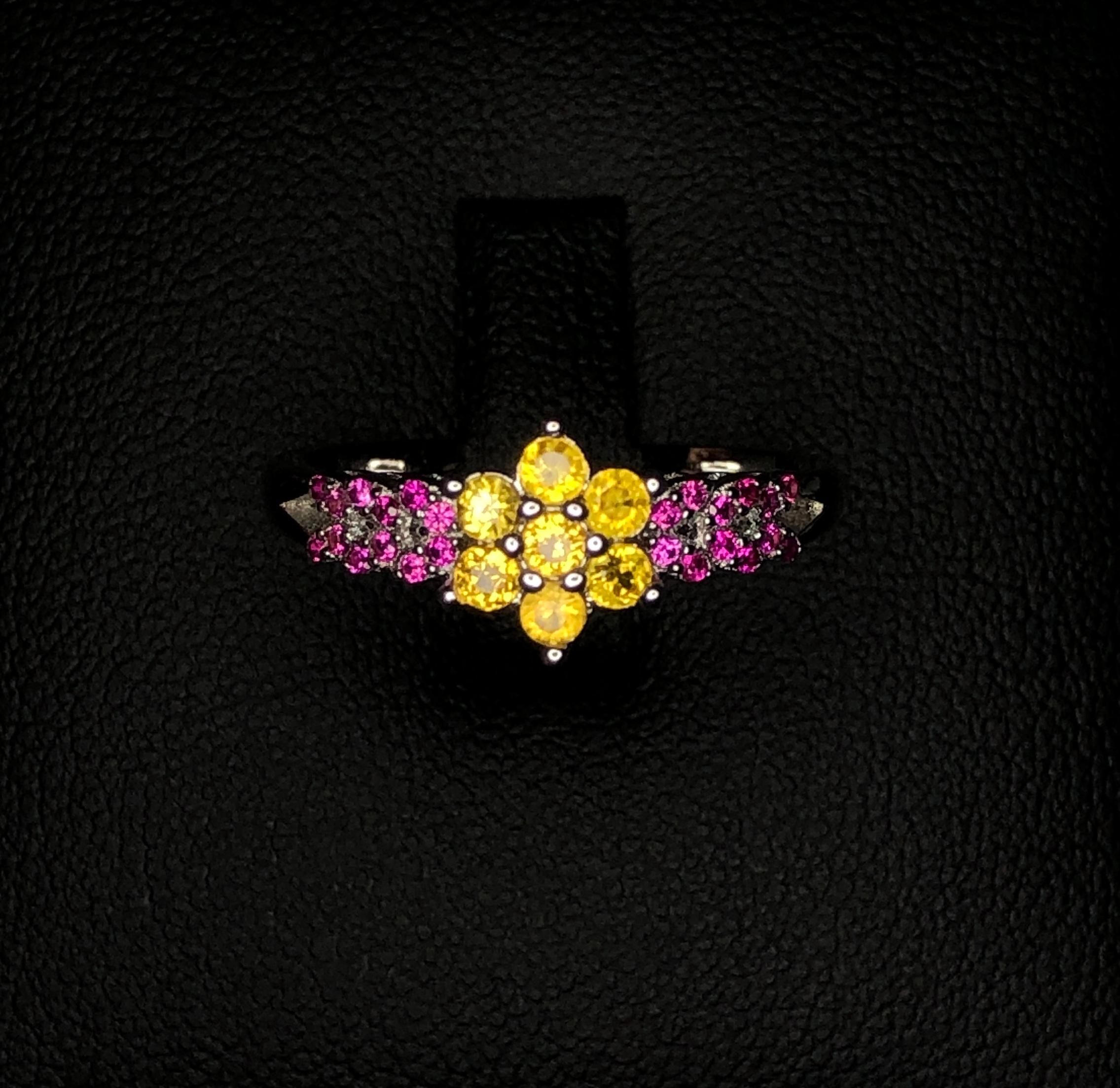 No Reserve-Beautiful Floral Yellow Sapphire/ Hot Pink Malawi Garnet Ring 925  2