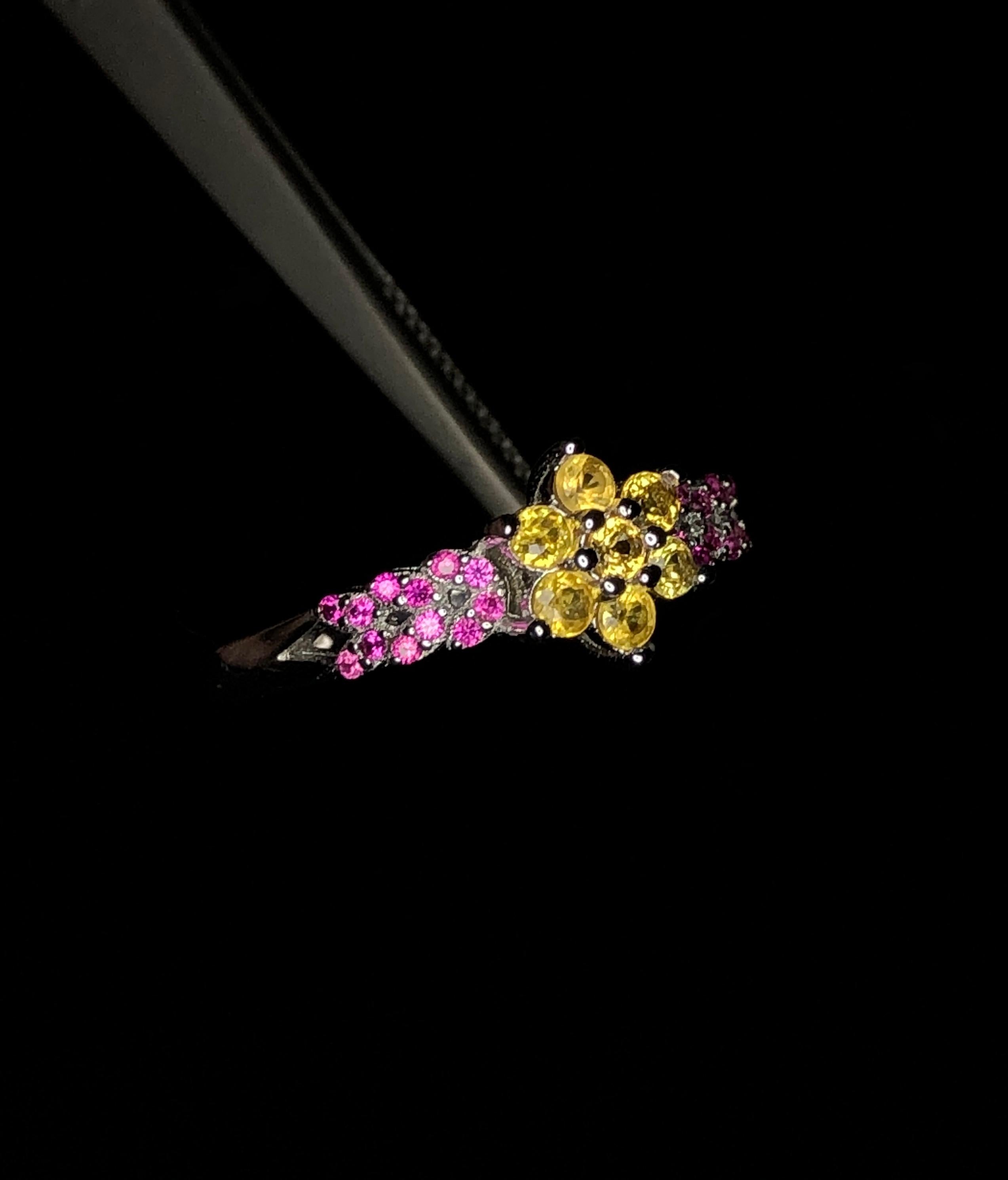 No Reserve-Beautiful Floral Yellow Sapphire/ Hot Pink Malawi Garnet Ring 925  3