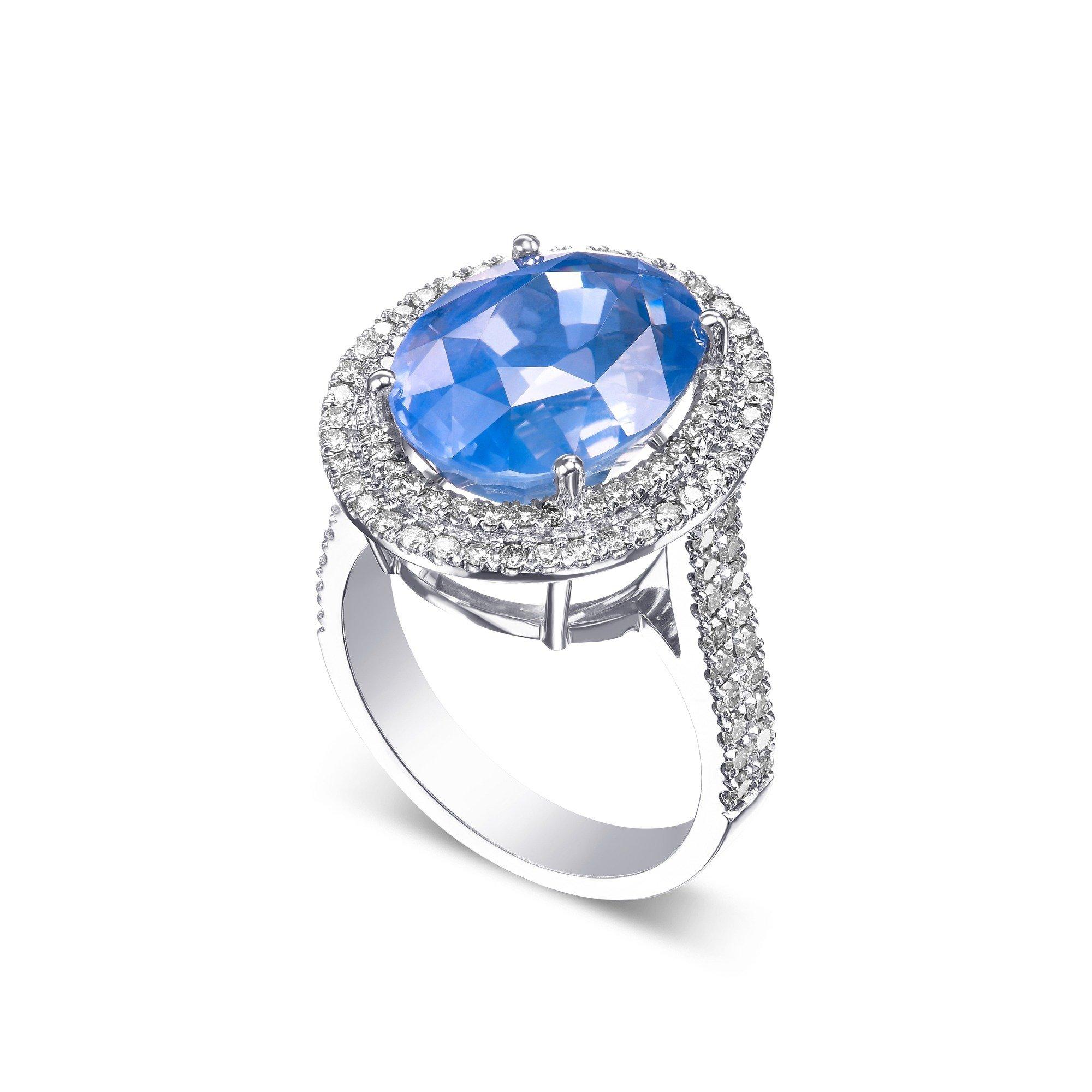 NO RESERVE!  BURMA NO HEAT 14.35ct Sapphire & 1.30Ct Diamonds - 18K W Gold Ring In New Condition For Sale In Ramat Gan, IL