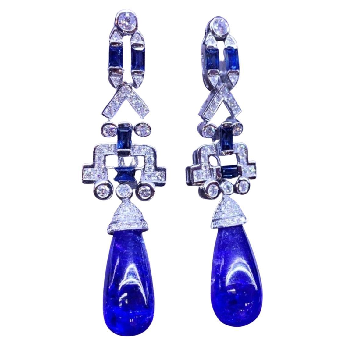 AIG Certified 33 Ct Tanzanites Sapphires Diamonds 18k Art Deco Earrings