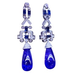 AIG Certified 33 Ct Tanzanites Sapphires Diamonds 18k Art Deco Earrings 