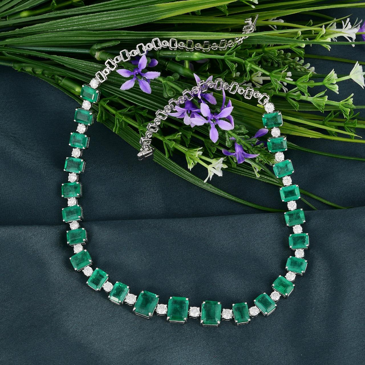 Emerald Cut No Reserve, Ct 45, 70 of Zambia Emeralds and Diamonds on Necklace