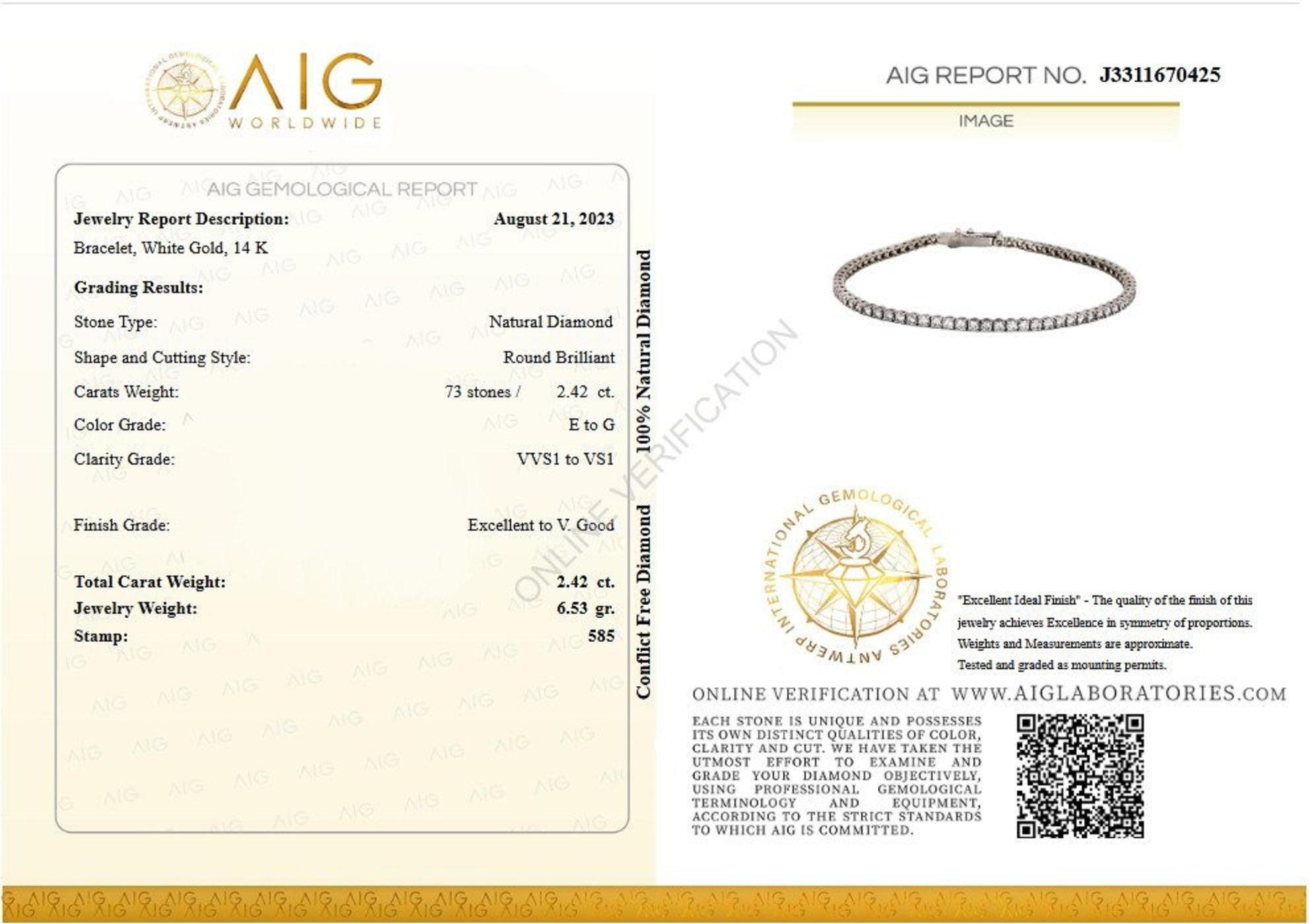 ___________
Natural Diamonds
Cut: Round Brilliant
Carat: 2.42 cttw / 73 stones
Color: E to G
Clarity: VVS1 to VS1

Item ships from Israeli Diamonds Exchange, customers are responsible for any local customs or VAT fees that might apply to the