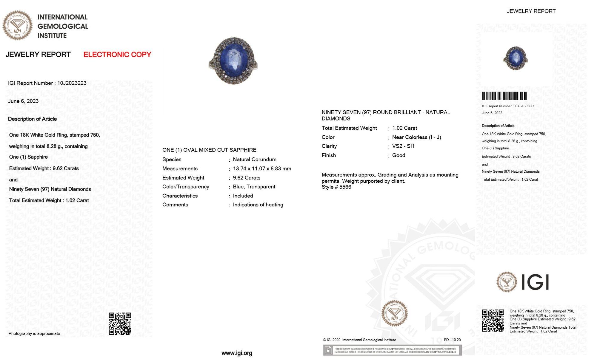 Art Deco NO RESERVE!  -  GRS 9.62Ct Ceylon Sapphire & 1.02Ct Diamonds 18K White Gold Ring For Sale