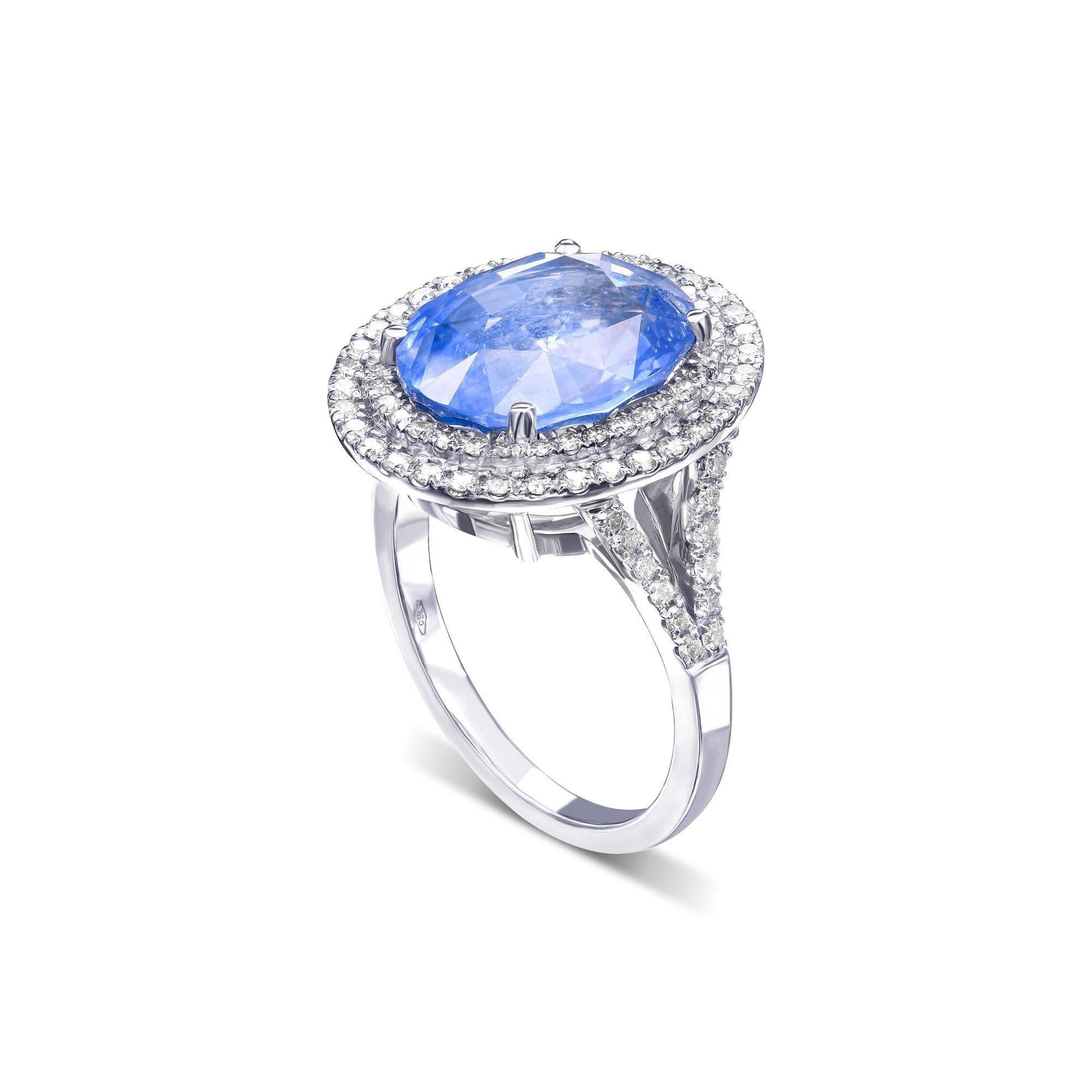 NO RESERVE!  -  GRS 9.62Ct Ceylon Sapphire & 1.02Ct Diamonds 18K White Gold Ring In New Condition In Ramat Gan, IL